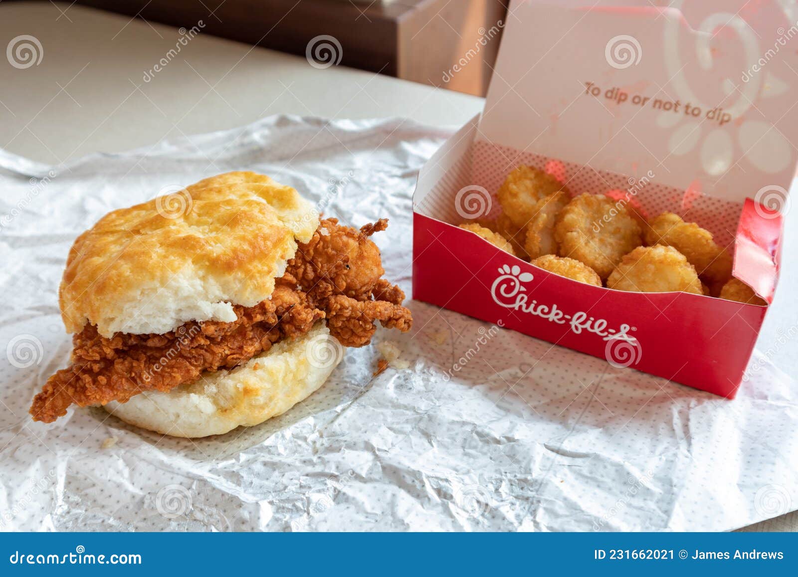 Chickfila Chicken Biscuit Breakfast Sandwich with a Side of Hash