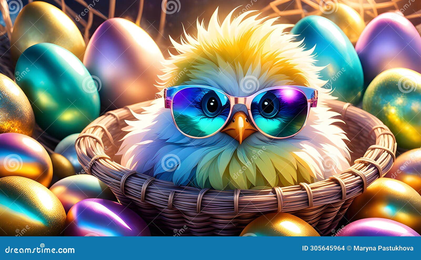 Chick in Sunglasses Sitting in a Basket, Painted Metallic Easter Eggs on  the Background, Generative AI Stock Illustration - Illustration of eggs,  hairstyle: 305645964