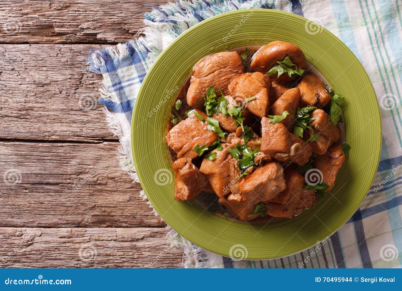 Chicken in Adobo Sauce Closeup on a Plate. Horizontal Top View Stock