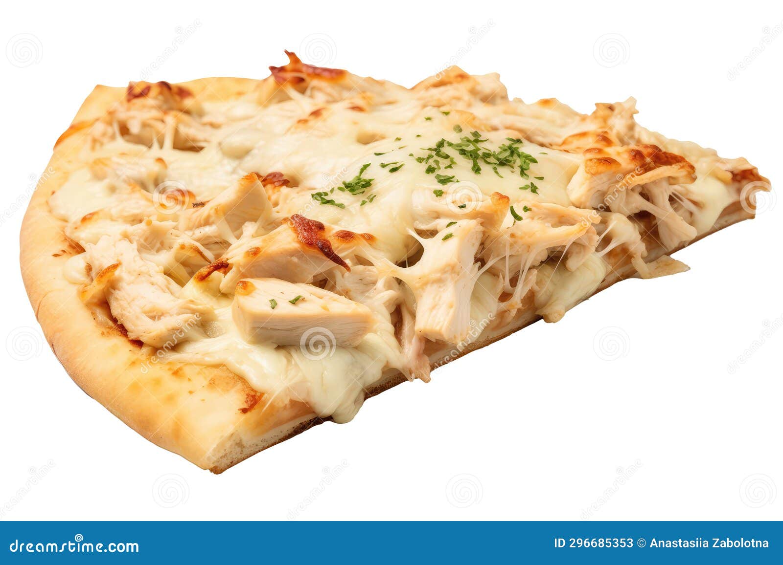 Chicken Alfredo Pizza Slice on White Background Directly Above View