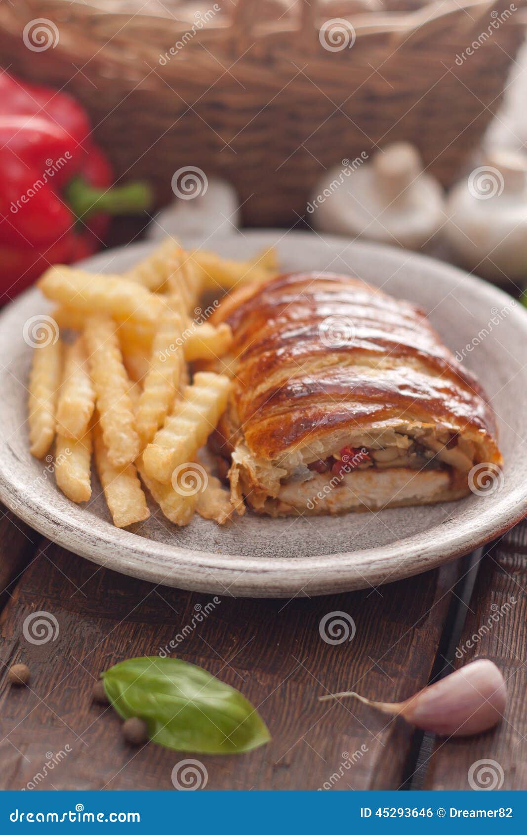 Chicken Breast in a French Pastry. Stock Photo Image of basil, canape