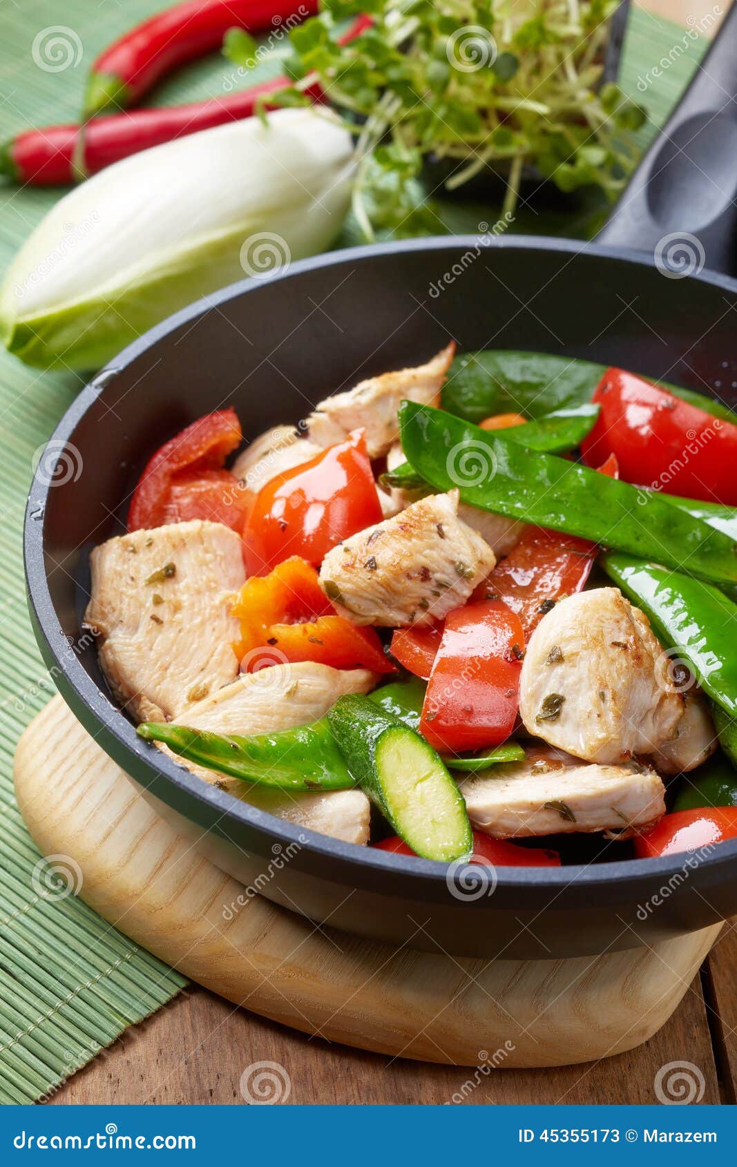 Chicken Breast Meat and Vegetables on Frying Pan Stock Image Image of