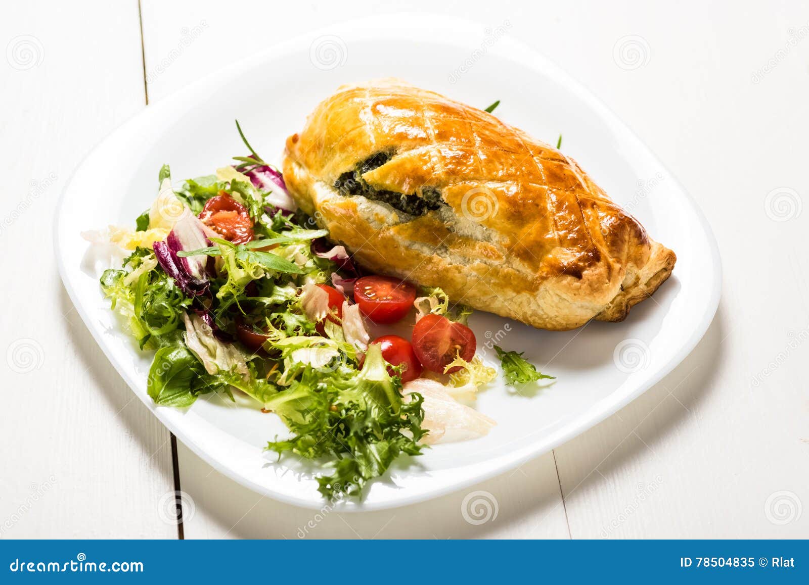 Chicken Breast Stuffed Spinach in Puff Pastry Stock Image - Image of