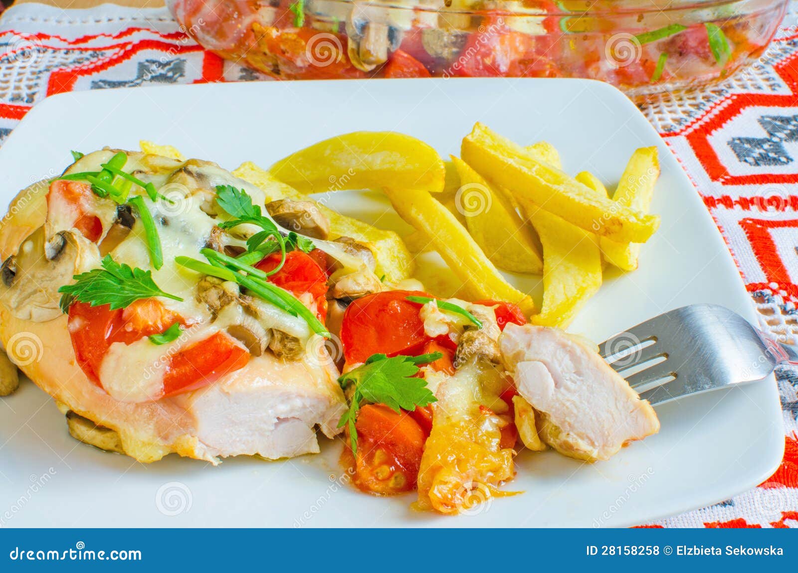 Chicken Breasts Baked with Tomatoes and Mushrooms Stock Photo Image