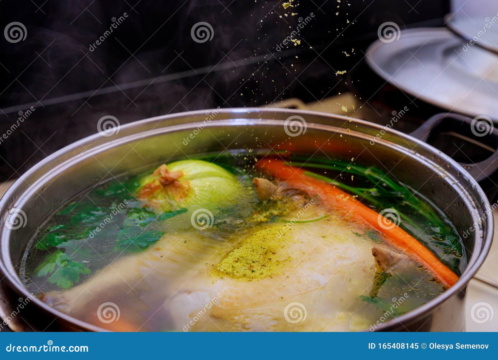 Chicken Broth with Chicken and Vegetables in the Pot. Stock Image Image of metal, lunch 165408145