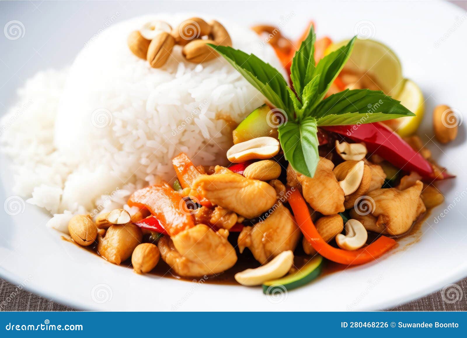 Chicken with Cashew Nuts and Rice. AI Generated Stock Illustration