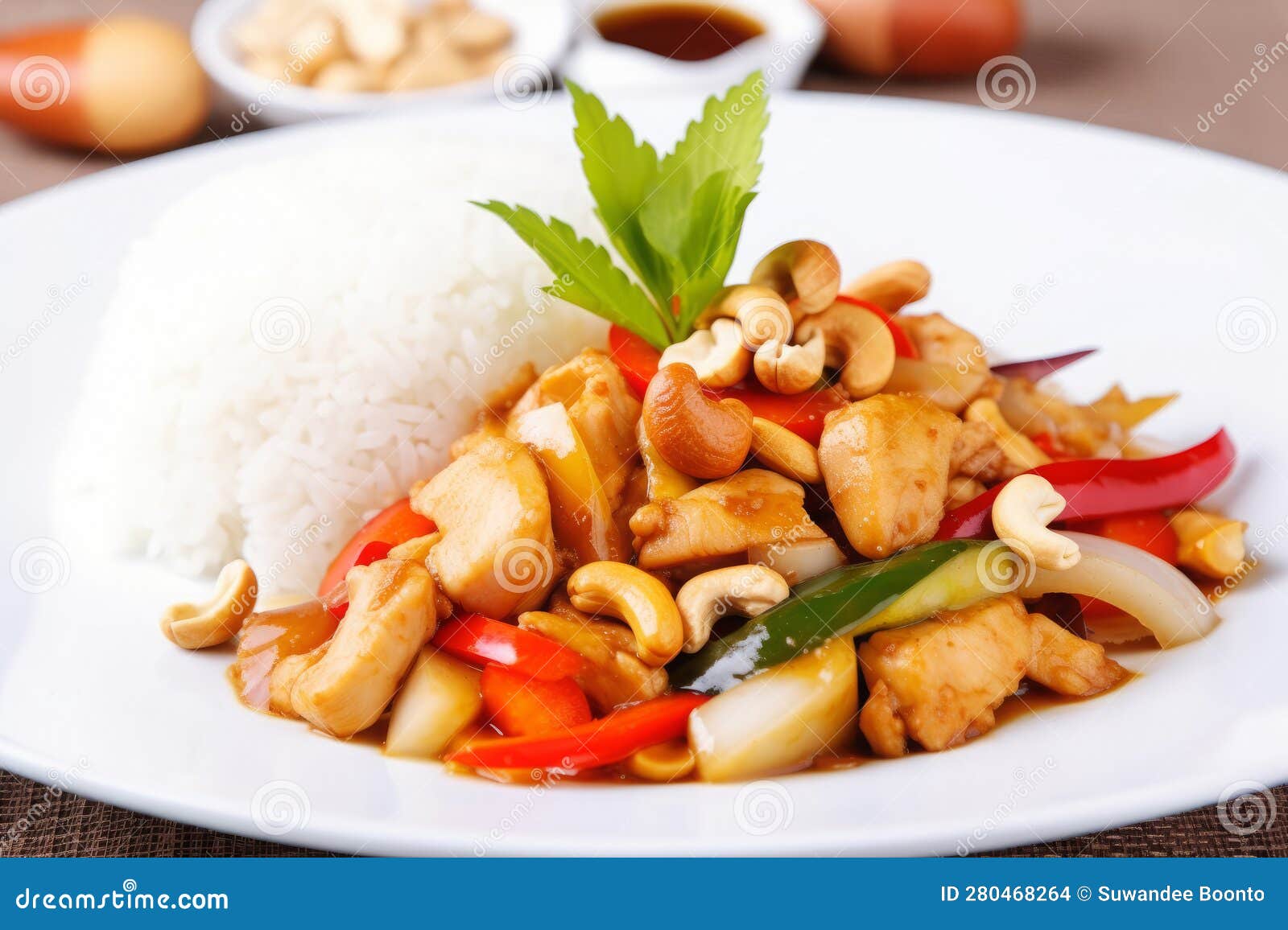 Chicken with Cashew Nuts and Rice. AI Generated Stock Illustration