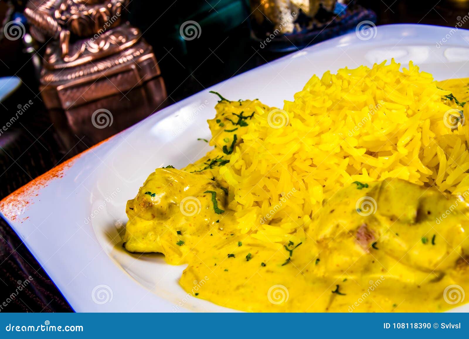 Chicken in Cashew Nuts Sauce and Rice Stock Photo - Image of cream