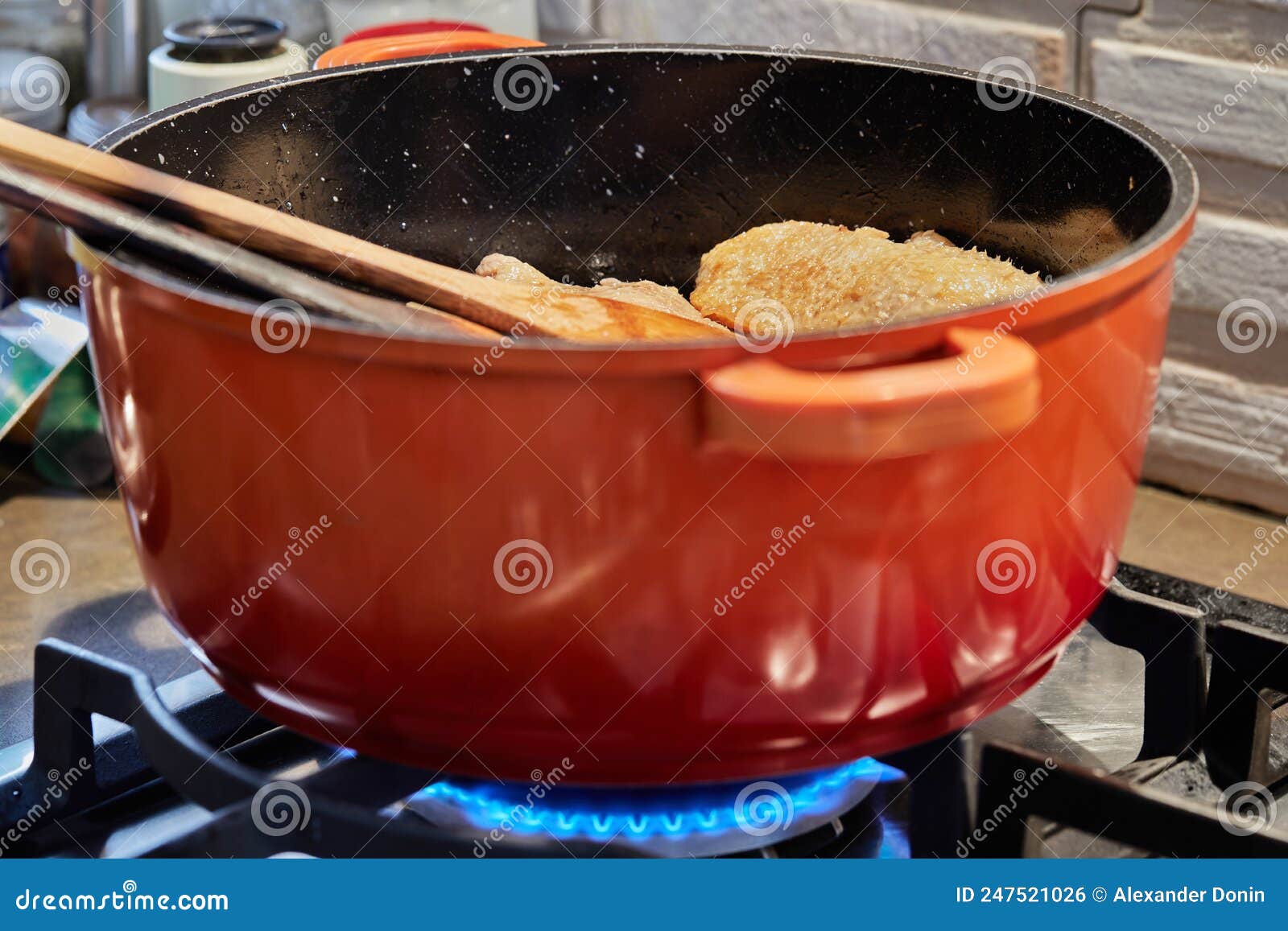 Chicken in Skewered on the Stove. Top View Stock Photo - Image of cuisine,  cooking: 218250888