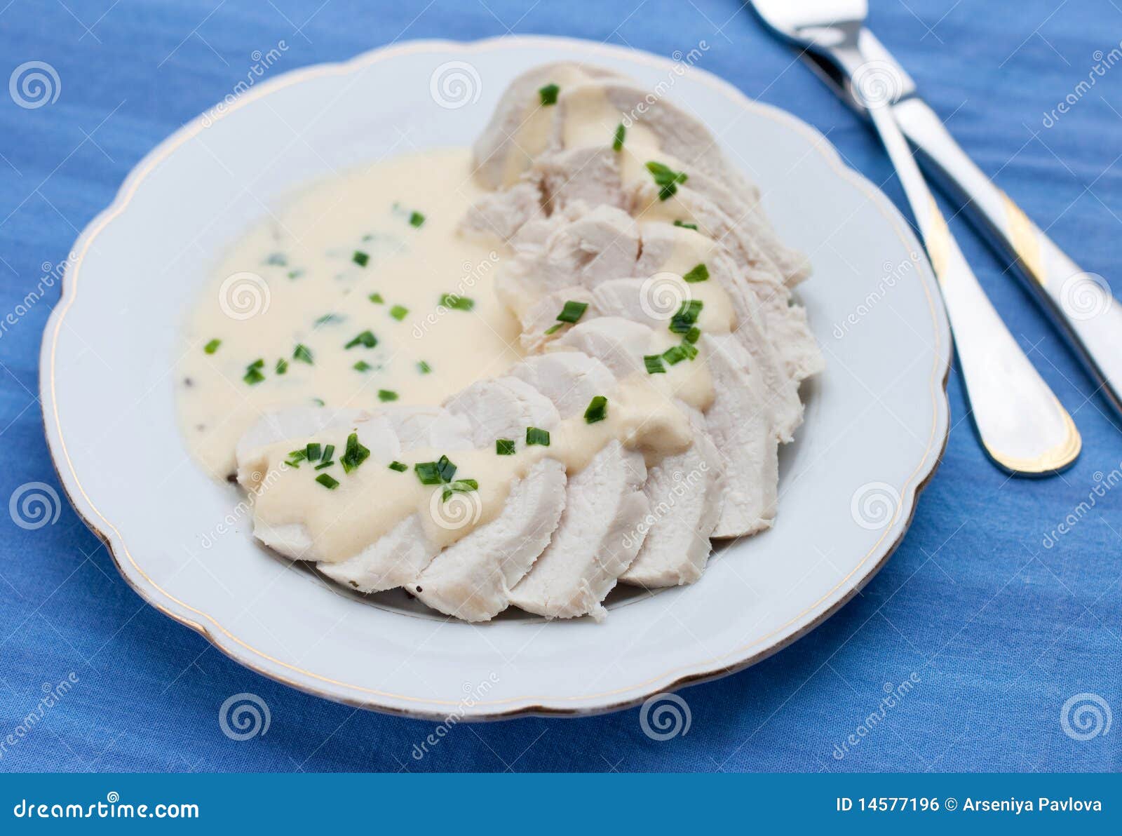 Chicken with cream sauce stock photo. Image of dish, fork 14577196