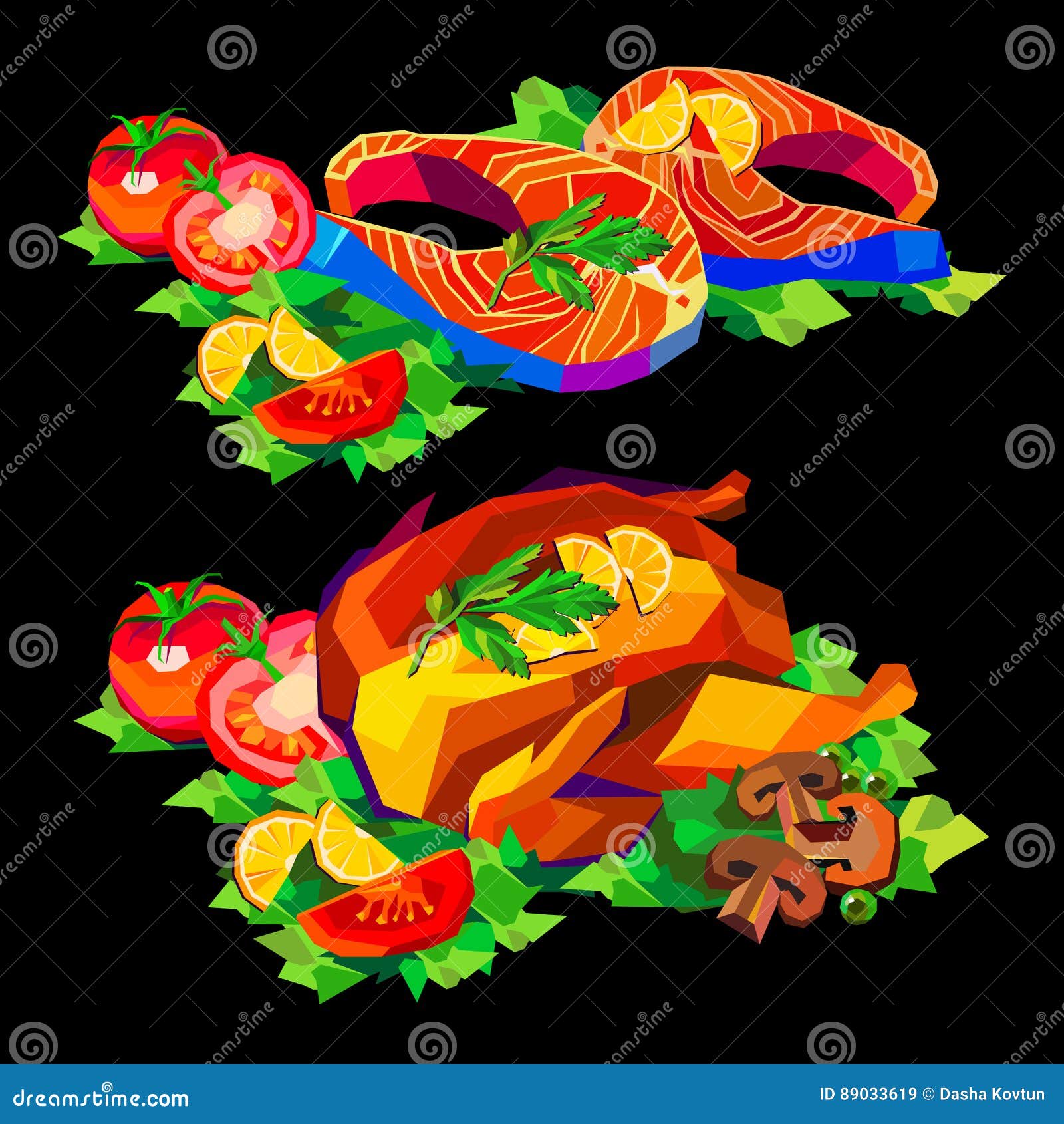 Chicken Dinner Baked Fish Vector Seafood Sea Illustration Dinner Stock