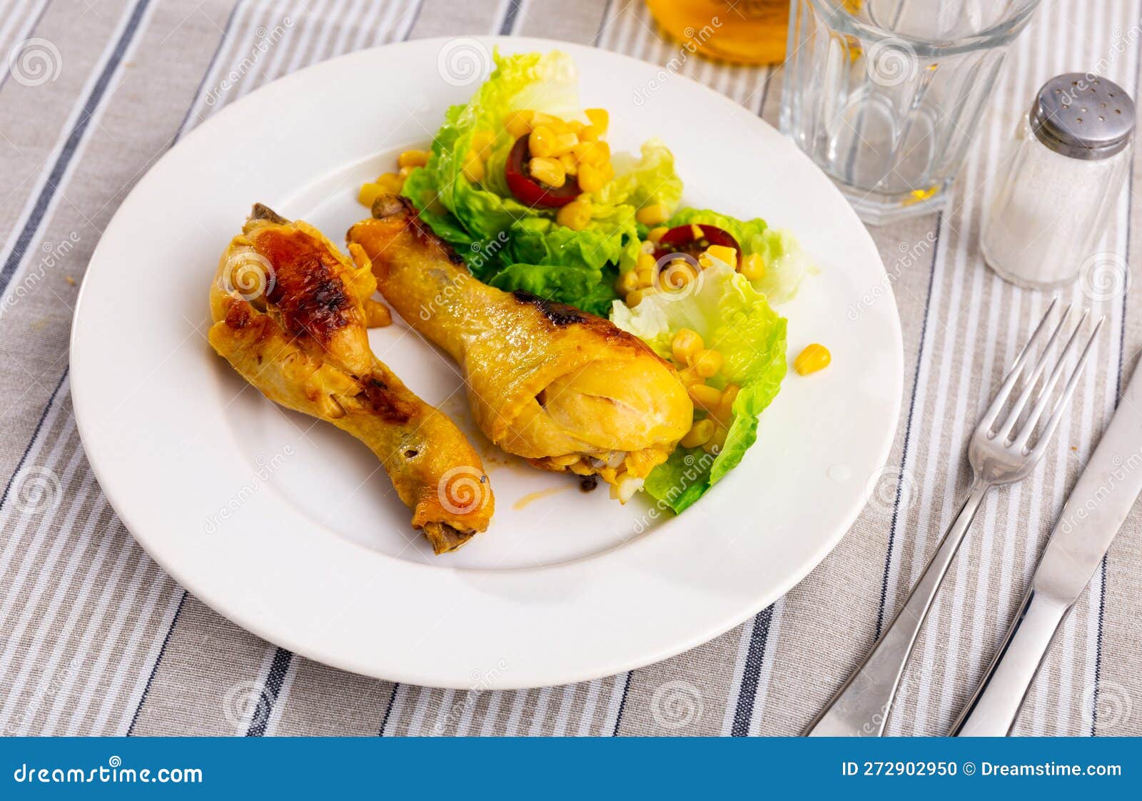 Chicken Drumsticks with Lettuce and Corn Grains Stock Photo Image of