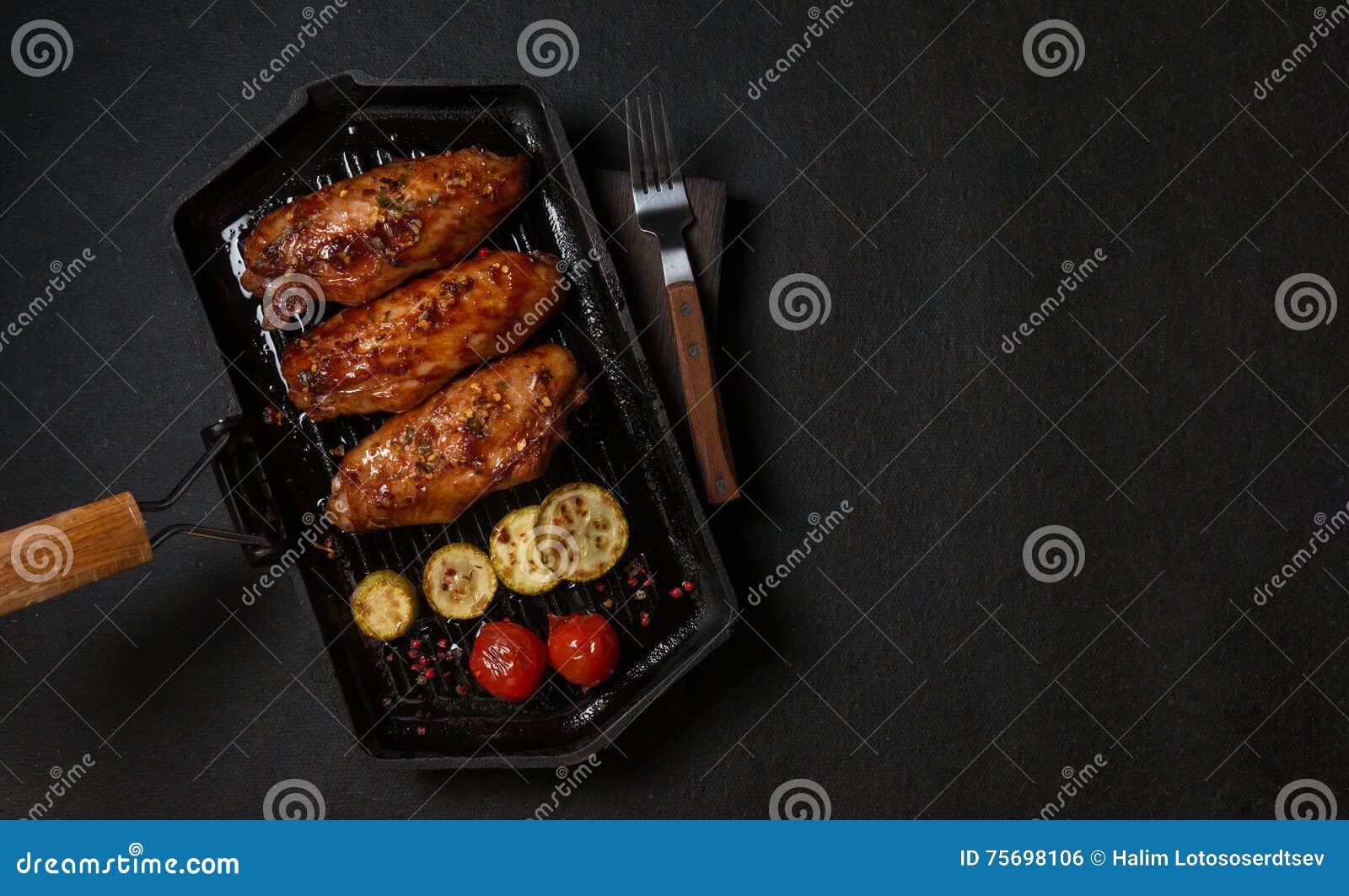 Chicken Grilled on a Grill Pan. Horizontal View from Above Stock Photo