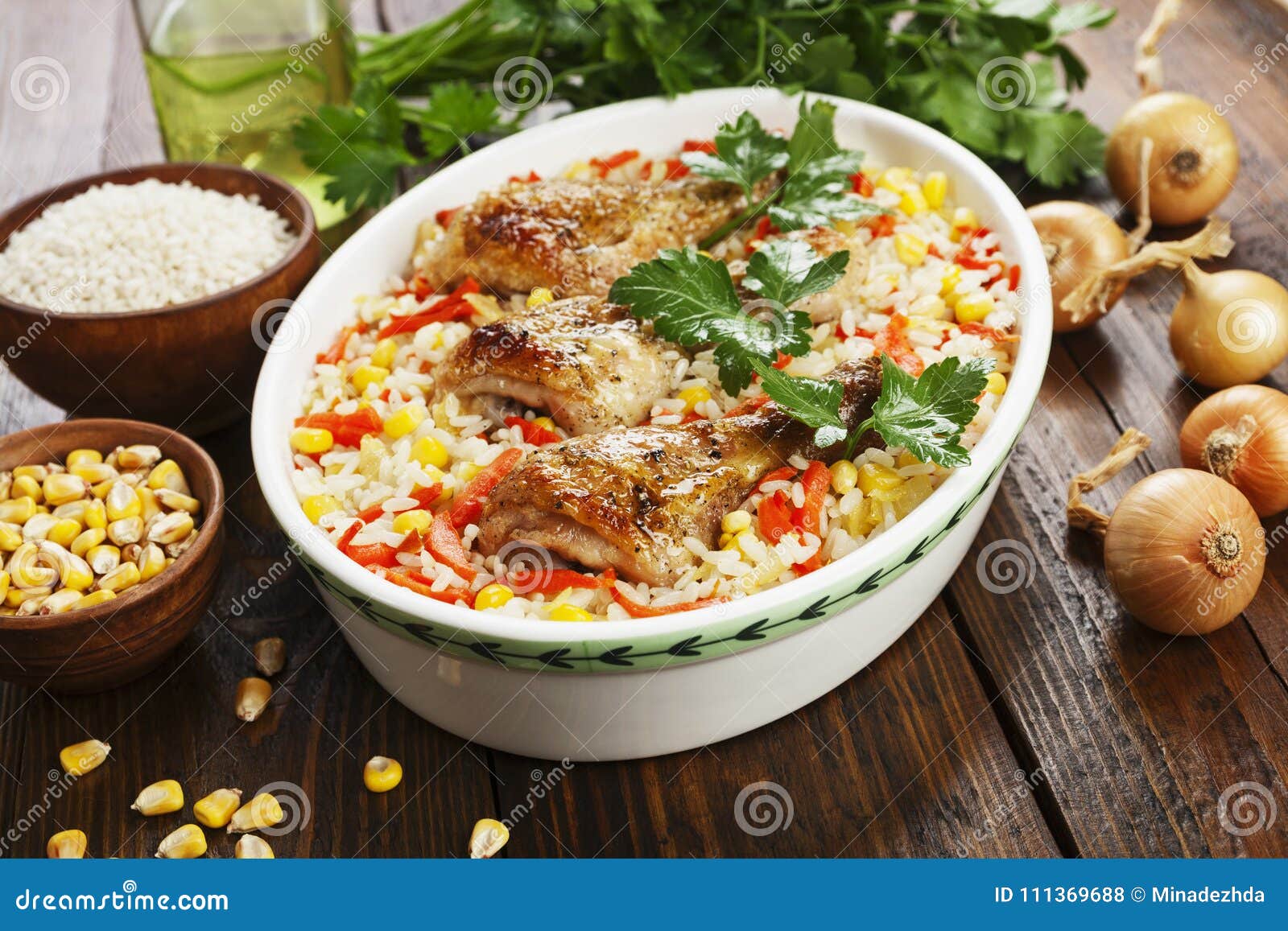 Chicken Legs Baked with Rice and Vegetables Stock Photo - Image of legs