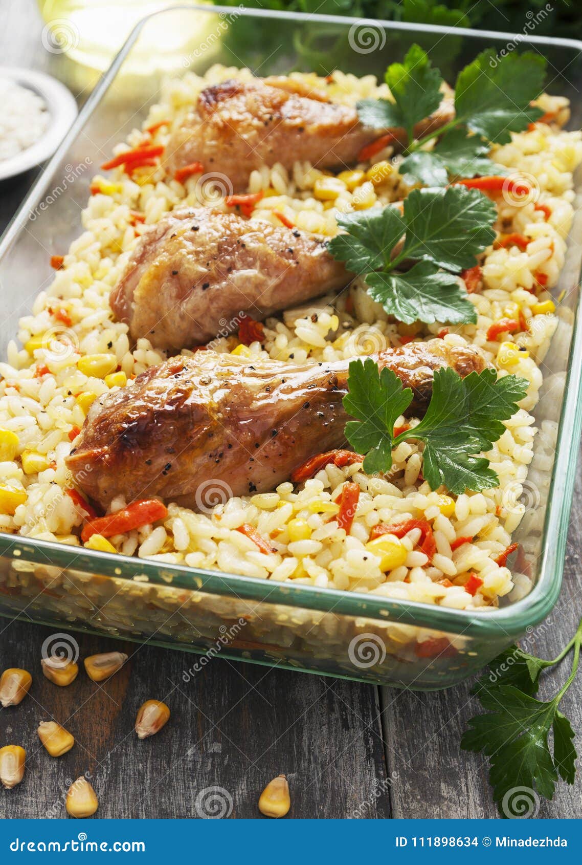 Chicken Legs Baked with Rice and Vegetables Stock Photo - Image of