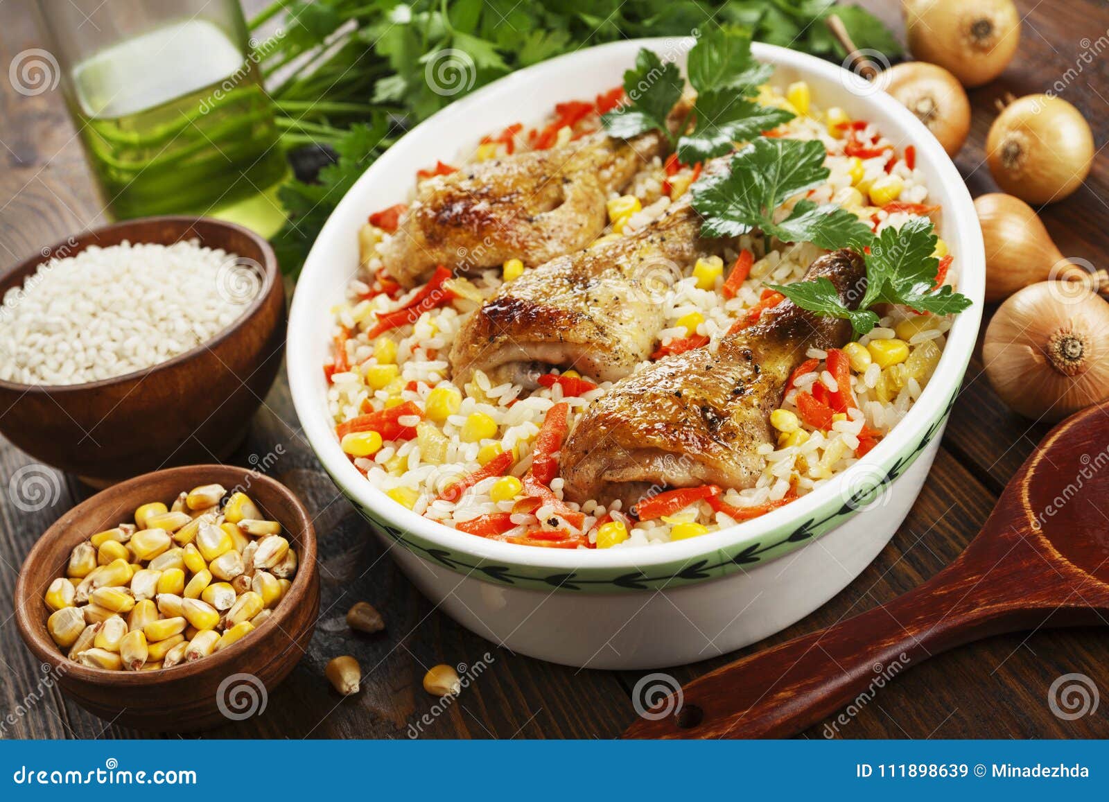 Chicken Legs Baked with Rice and Vegetables Stock Image - Image of