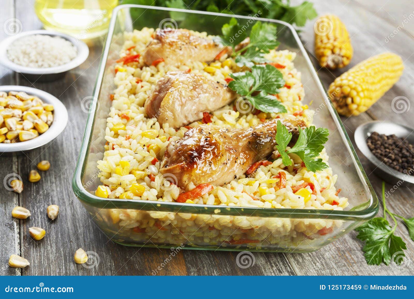 Chicken Legs Baked with Rice and Vegetables Stock Image - Image of