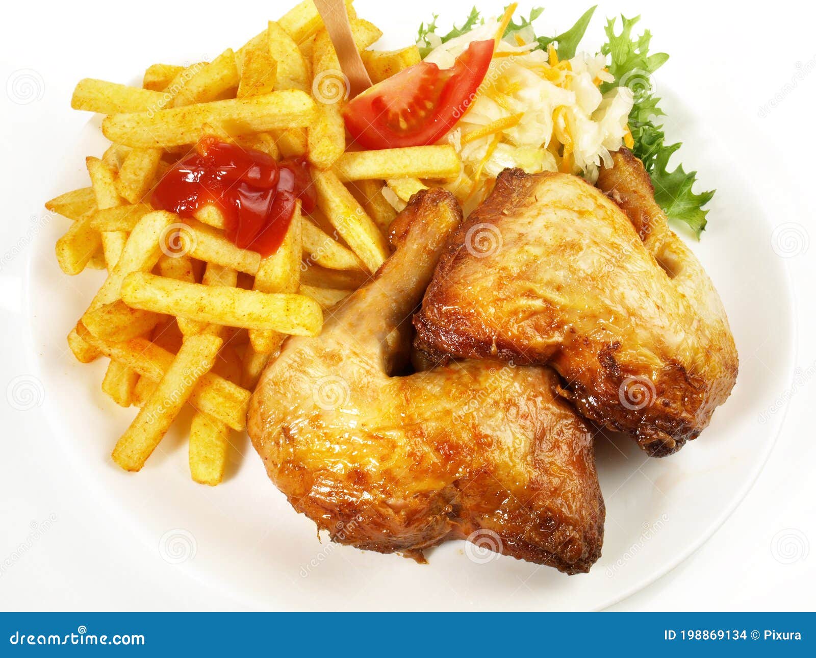 Grilled Chicken Legs with French Fries and Coleslaw Salad Stock Photo ...