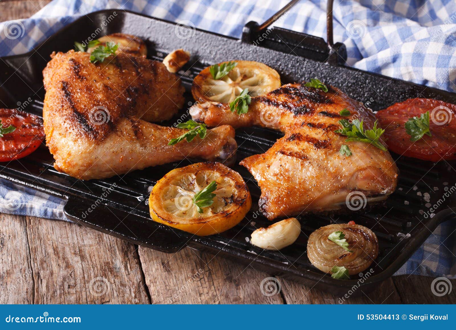 Chicken Legs Grilled on a Grill Pan Closeup. Horizontal Stock Image
