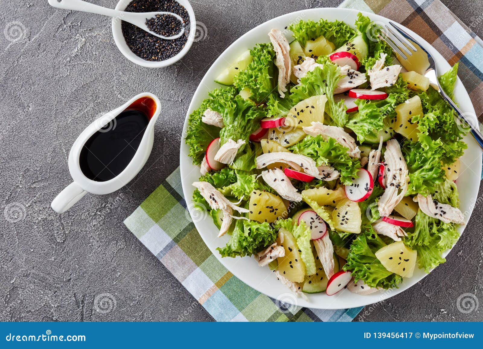 Chicken, Lettuce Salad with Ananas and Veggies Stock Image - Image of ...