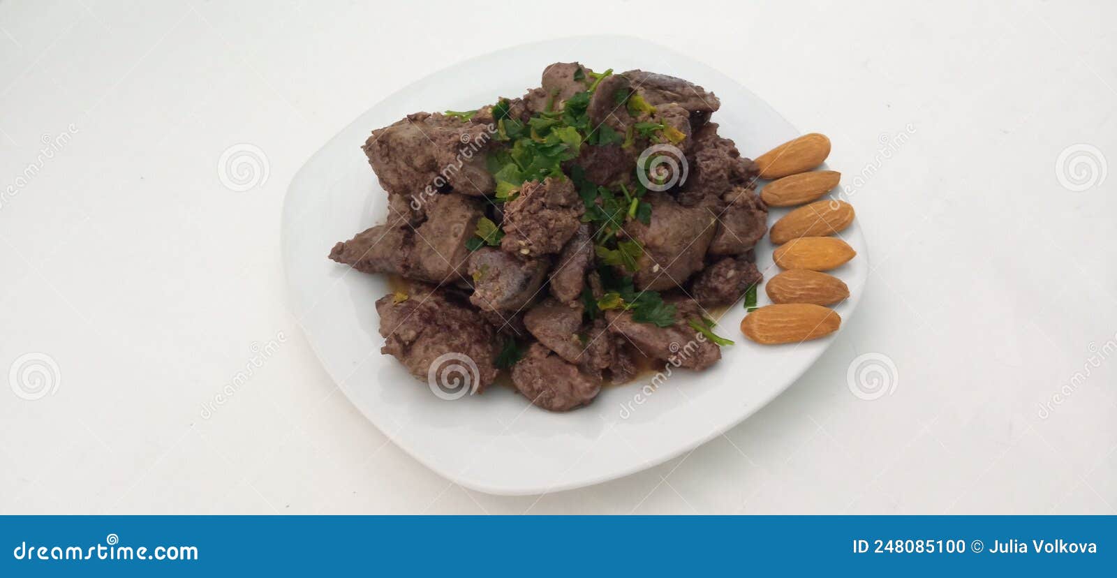 Chicken liver with almonds stock photo. Image of fish 248085100