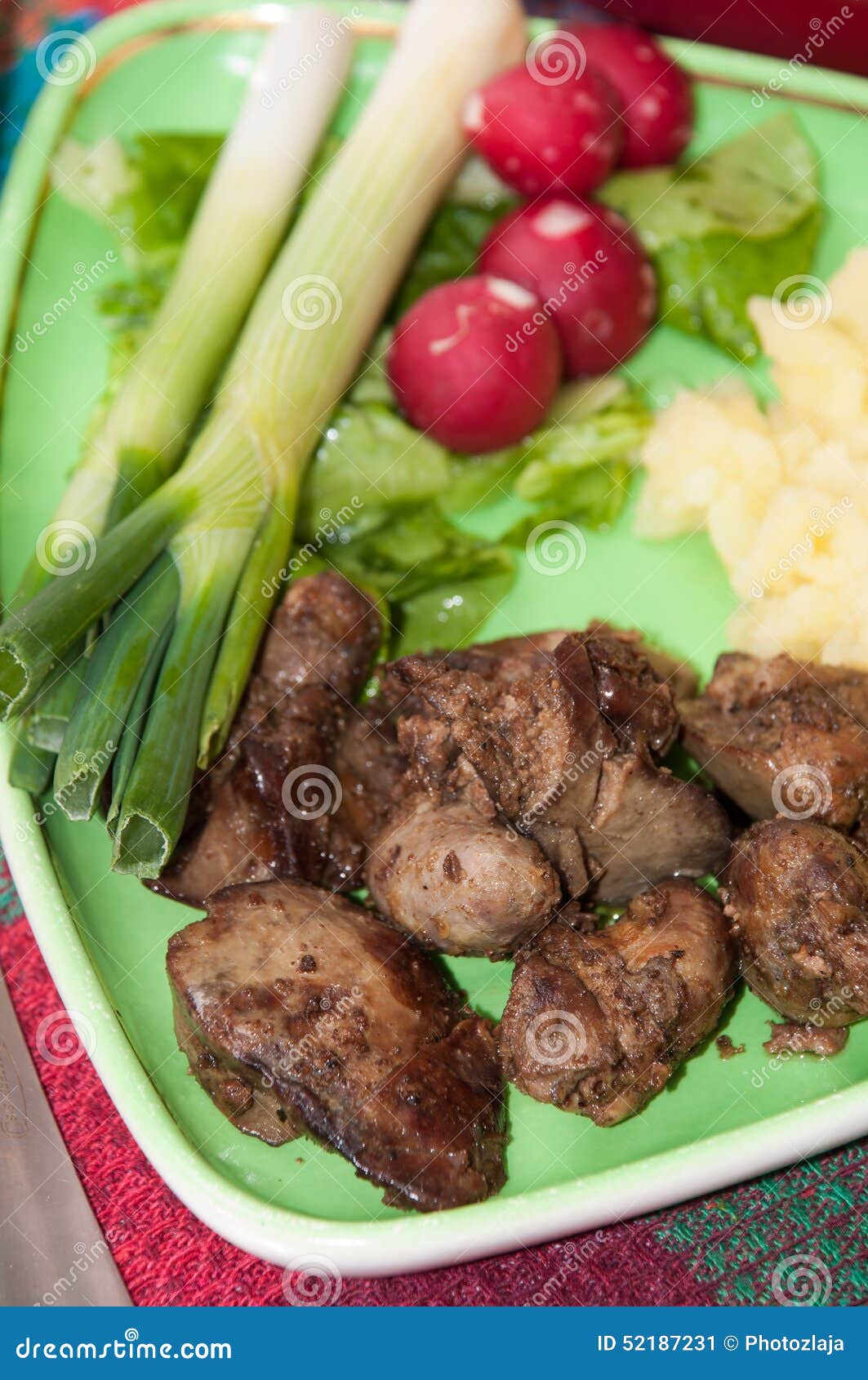 Chicken Liver Served with Mashed Potatoes, Onions and Radishes Stock