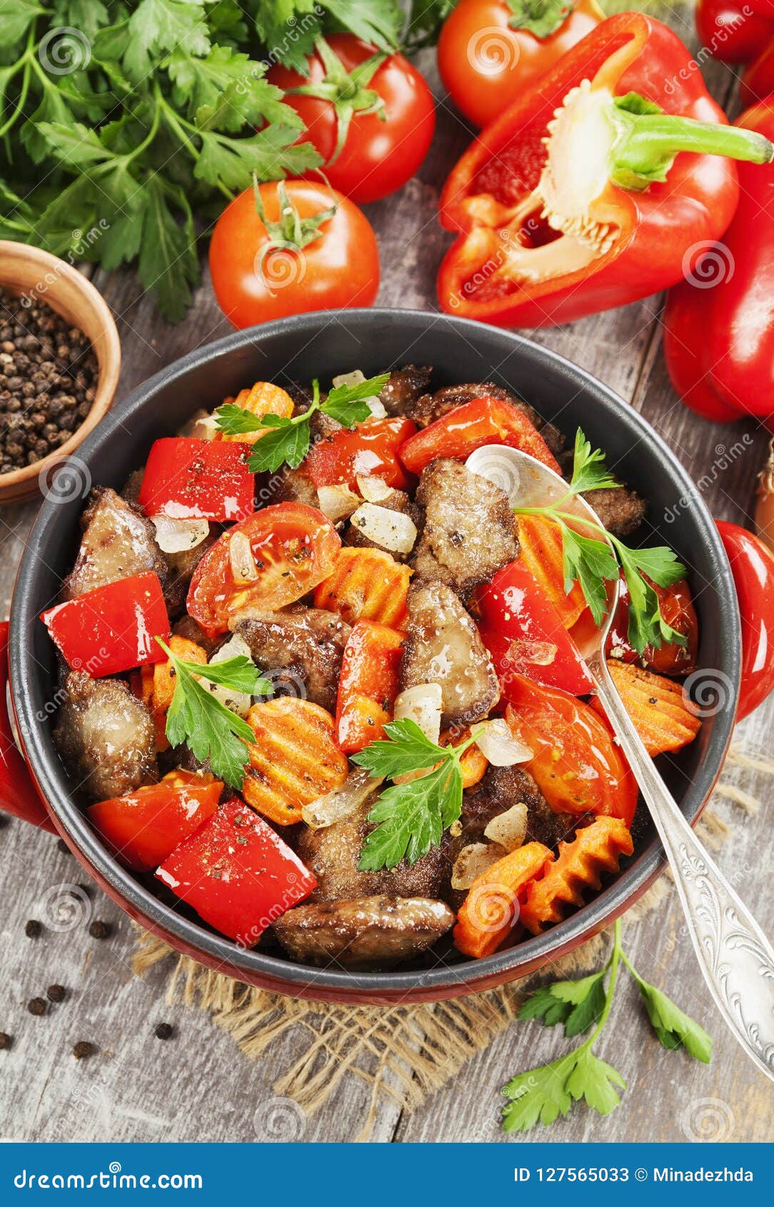 Chicken Liver with Sweet Pepper and Tomatoes Stock Image Image of