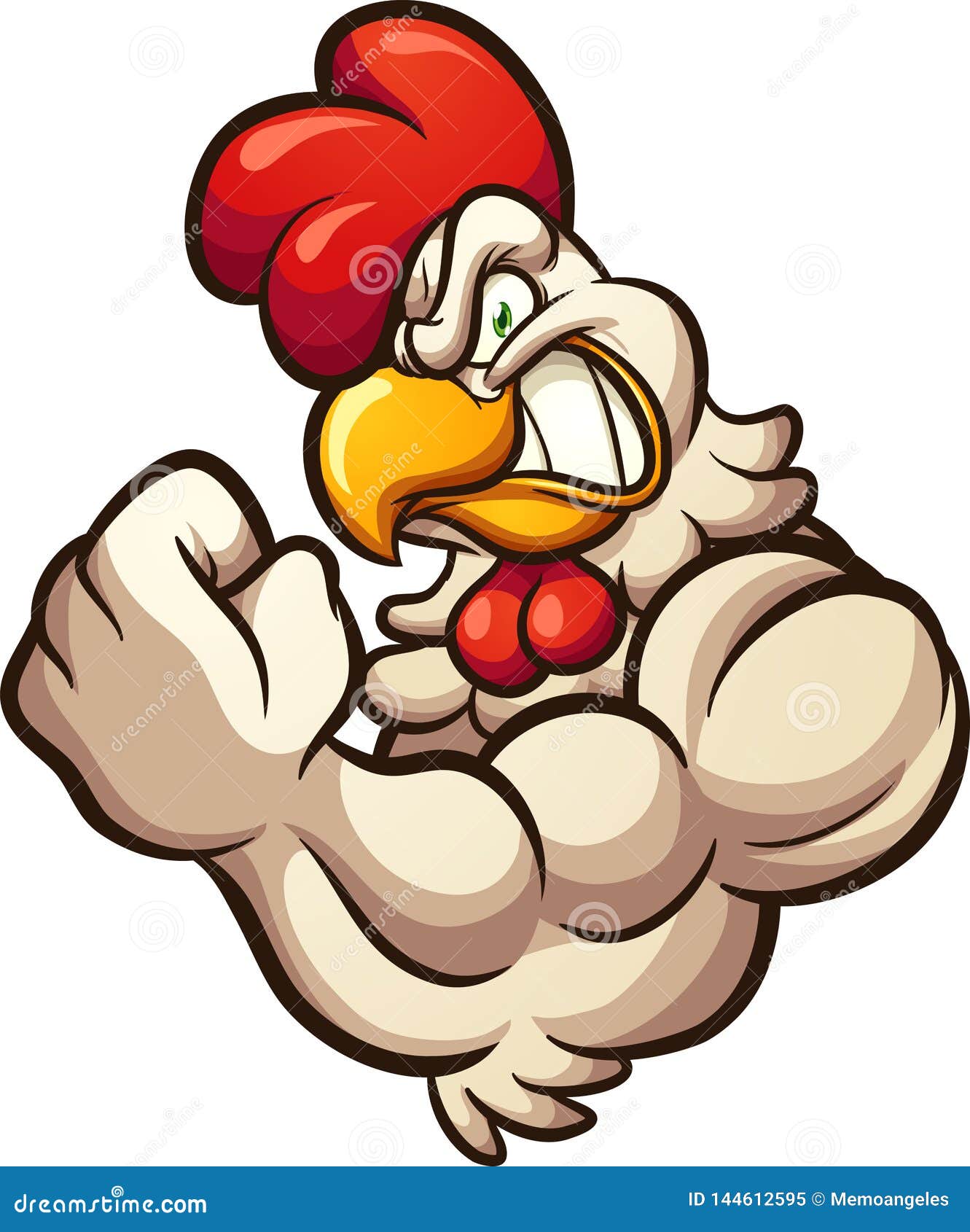 strong cartoon chicken mascot flexing arm