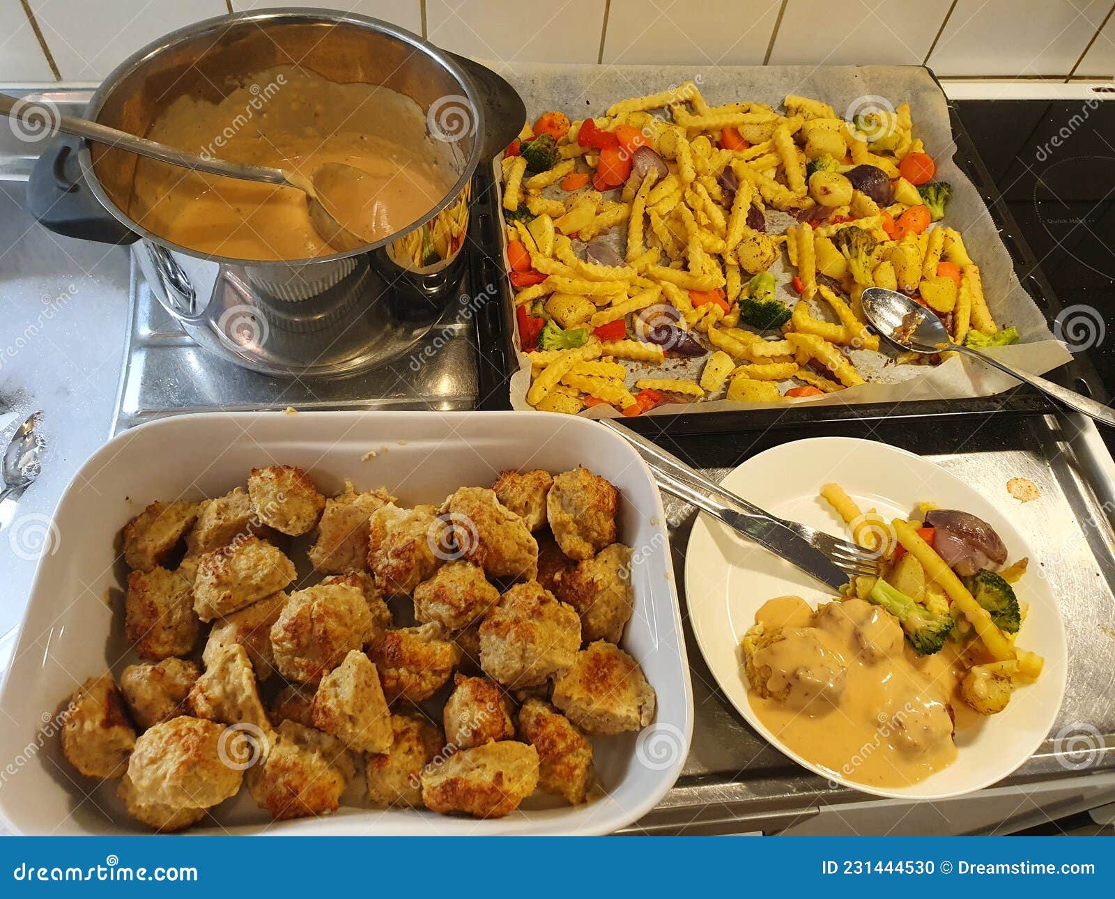 Chicken Meatballs, Peppersauce and Veggies Stock Photo Image of food