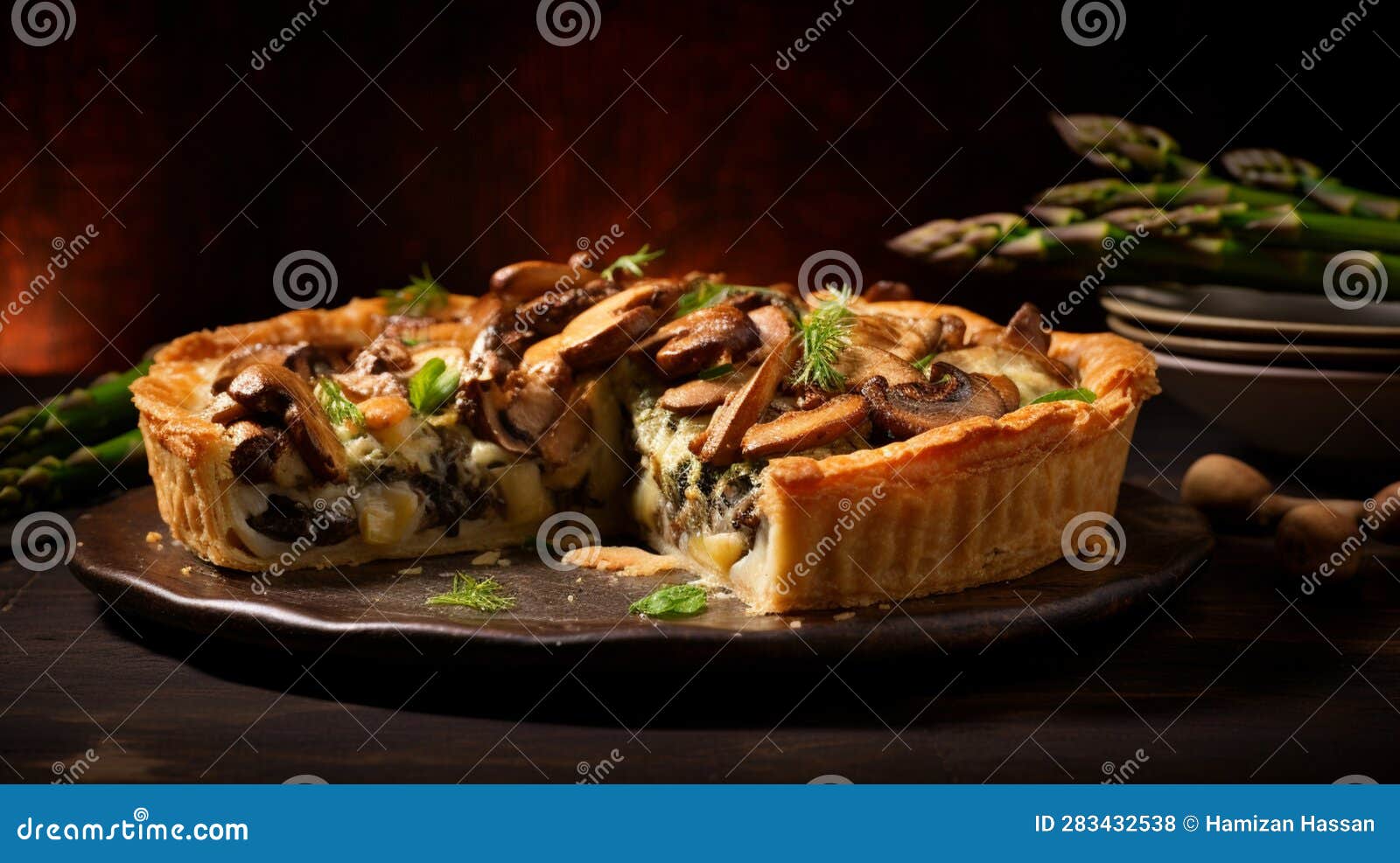 Chicken, Morel Mushroom, and Asparagus OnePan Pie Stock Illustration