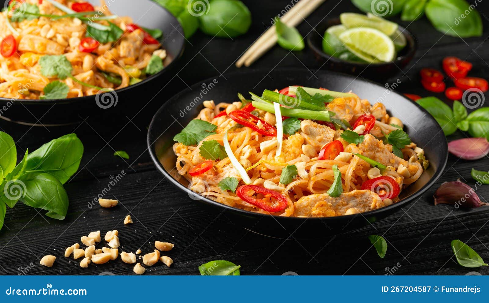 Chicken Pad Thai with Eggs, Bean Sprouts, Peanuts and Spring Onion Stock Image Image of