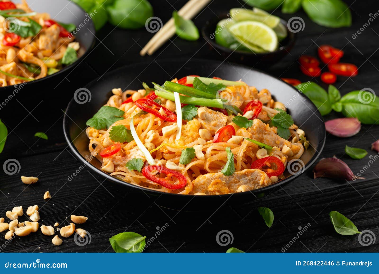 Chicken Pad Thai with Eggs, Bean Sprouts, Peanuts and Spring Onion Stock Photo Image of