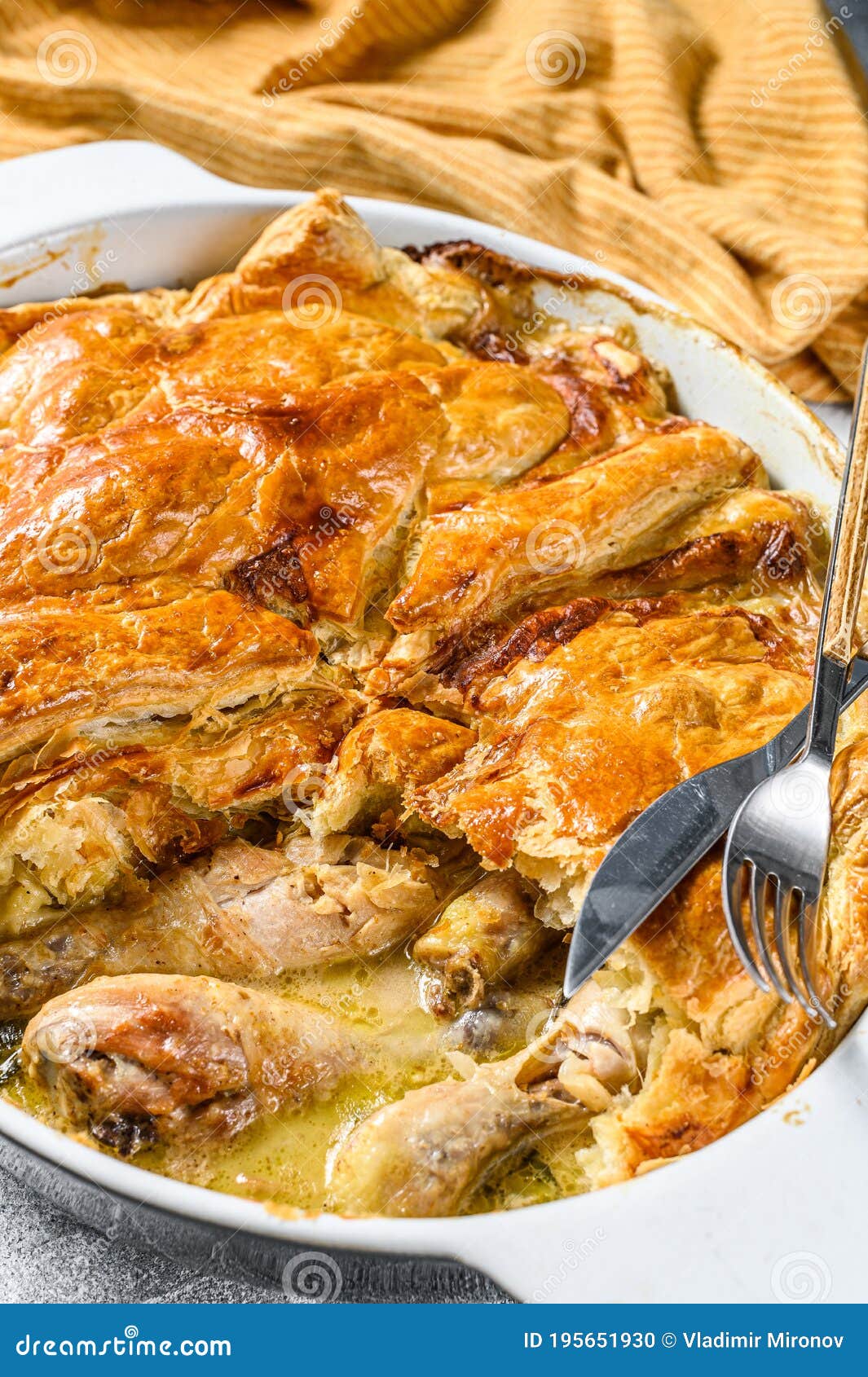 Chicken Pot Pie in a Baking Dish. Gray Background Stock Photo Image