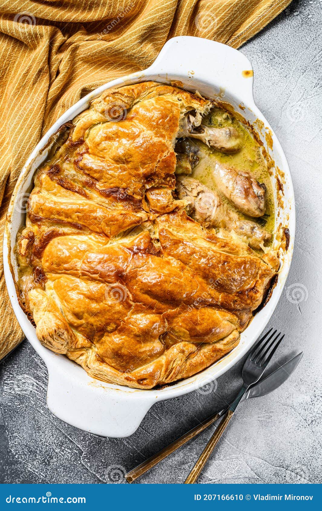 Chicken Pot Pie in a Baking Dish. Gray Background Stock Photo Image