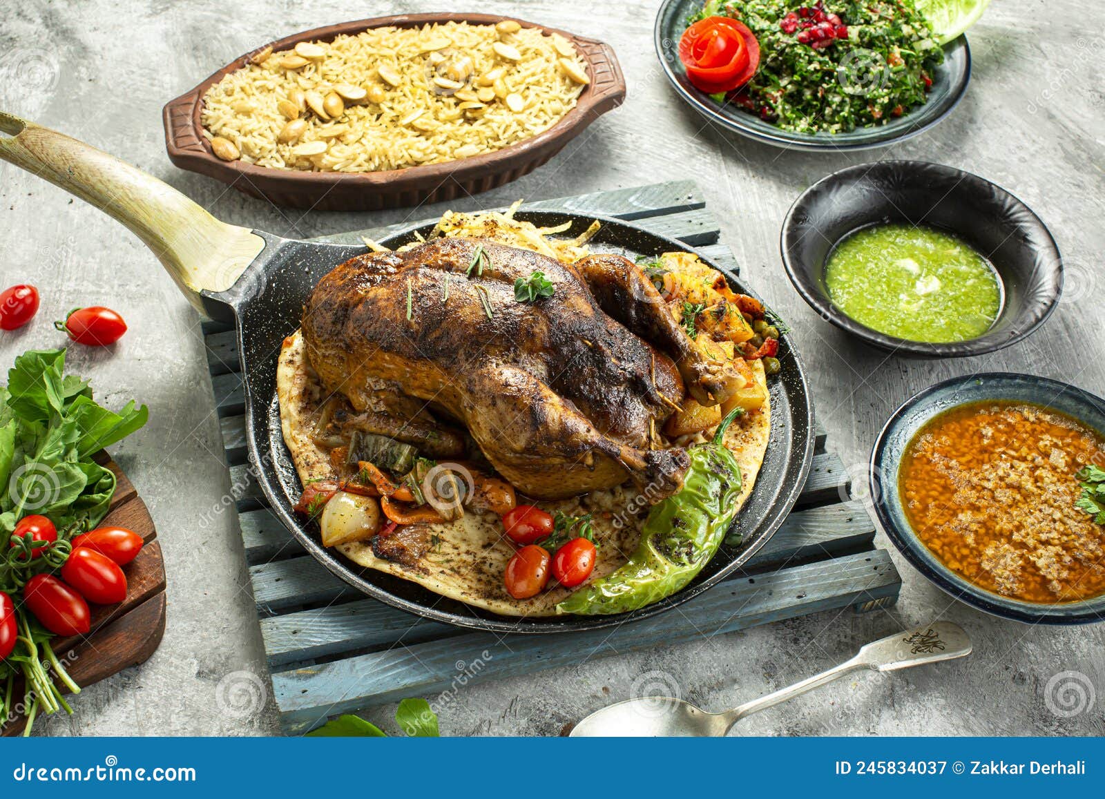 Chicken with Rice Dish and Lentil Soup.and Taboola Dish . Stock Image ...