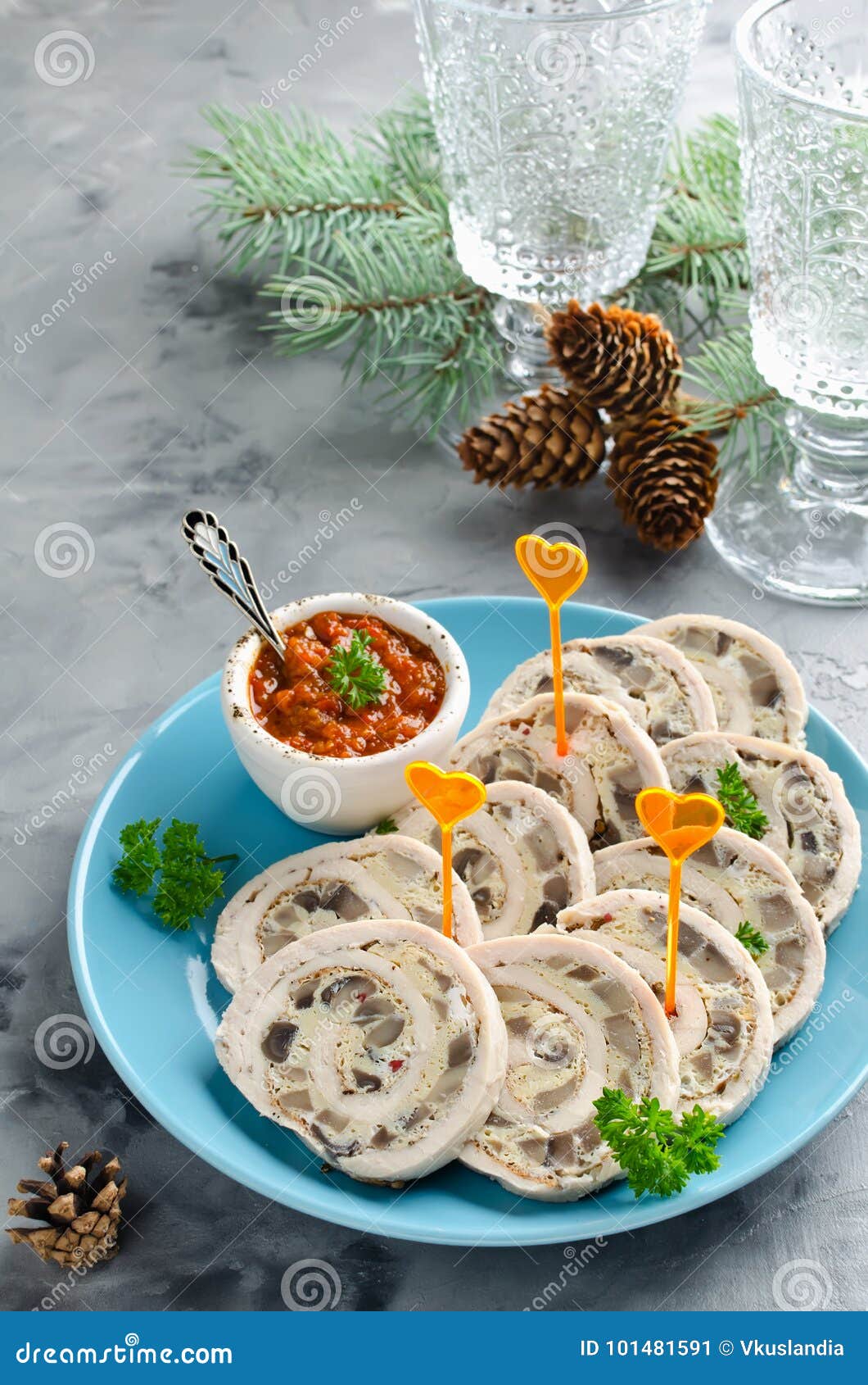 Chicken Roll Roulade with Omelet Omelette and Mushrooms Stock Image ...