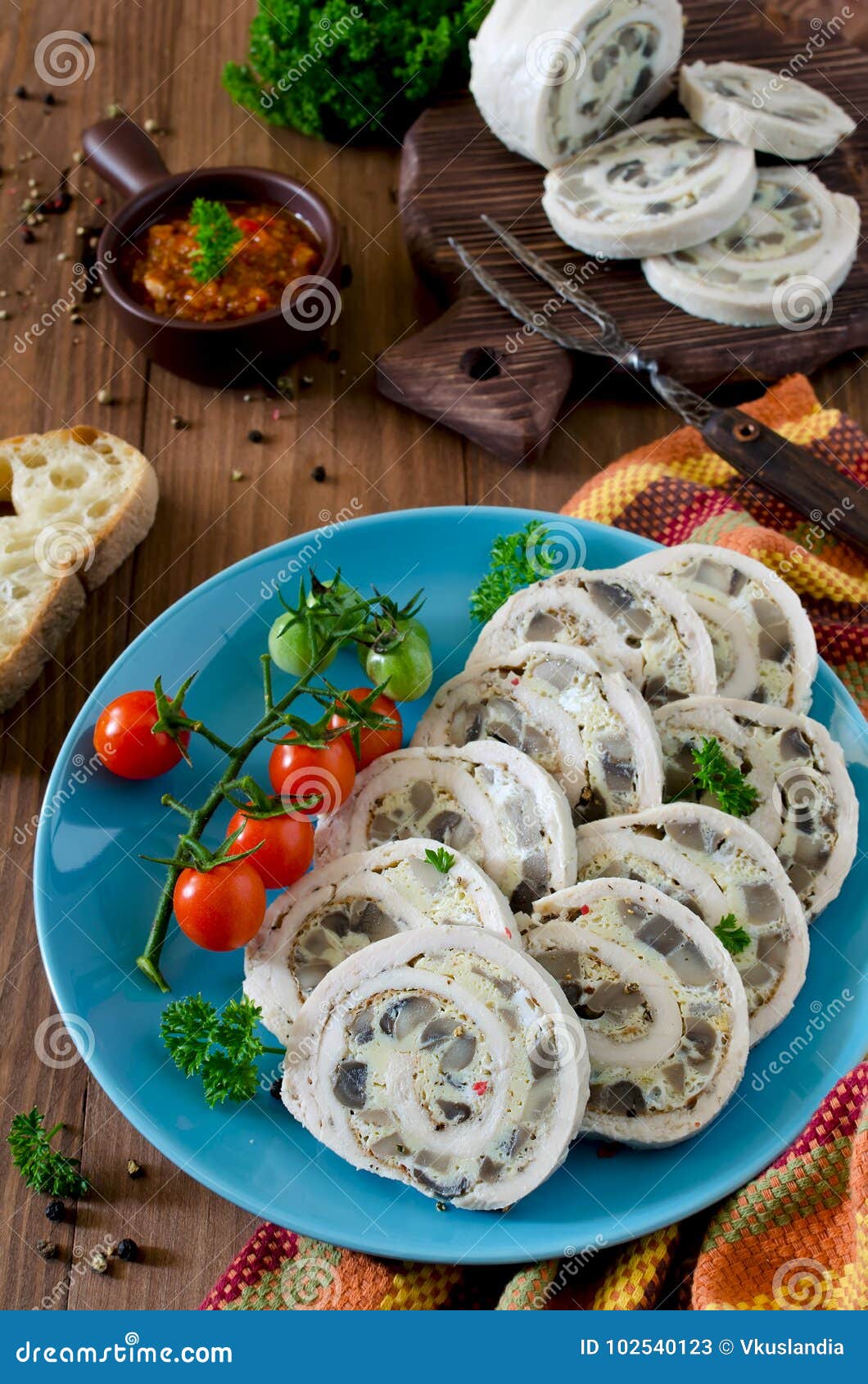 Chicken Roll Roulade with Omelet Omelette and Mushrooms Stock Image ...