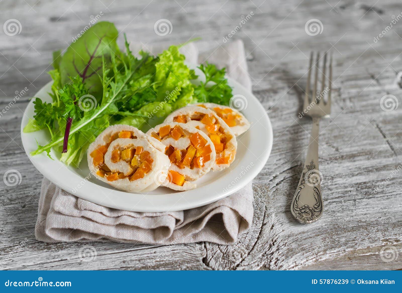 Chicken Roll Stuffed with Pumpkin and Fresh Green Salad Stock Image ...