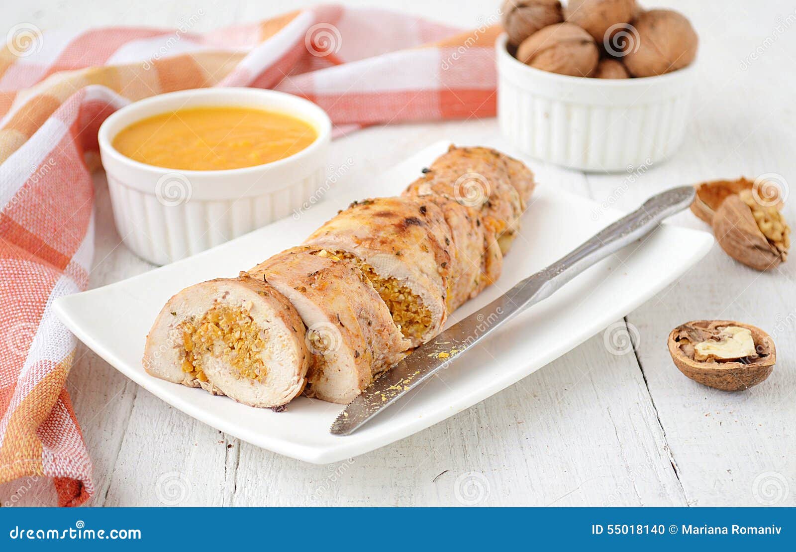 Chicken Roll Stuffed with Pumpkin and Nuts Stock Photo - Image of meat ...