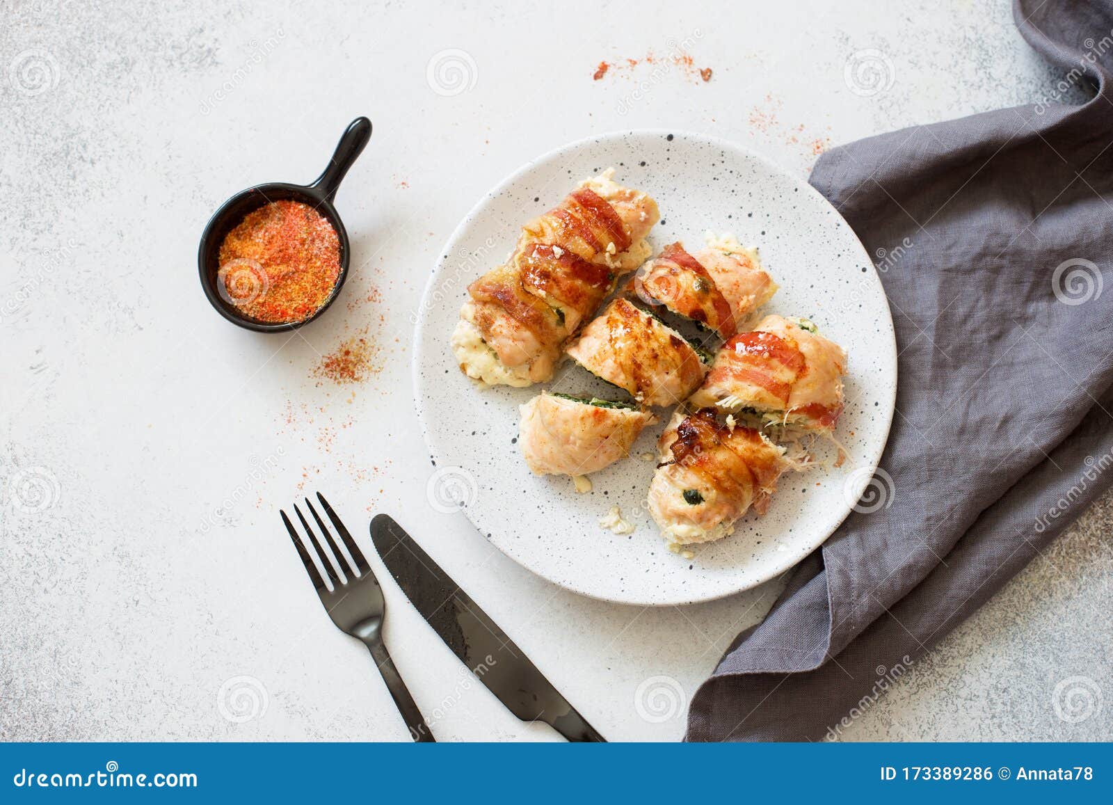 Chicken Rolls in a Bacon Stuffed with Spinach Stock Photo Image of