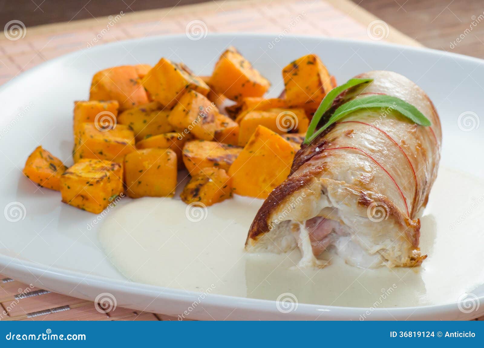 Chicken Roulade with Baked Pumpkin Stock Photo Image of chicken