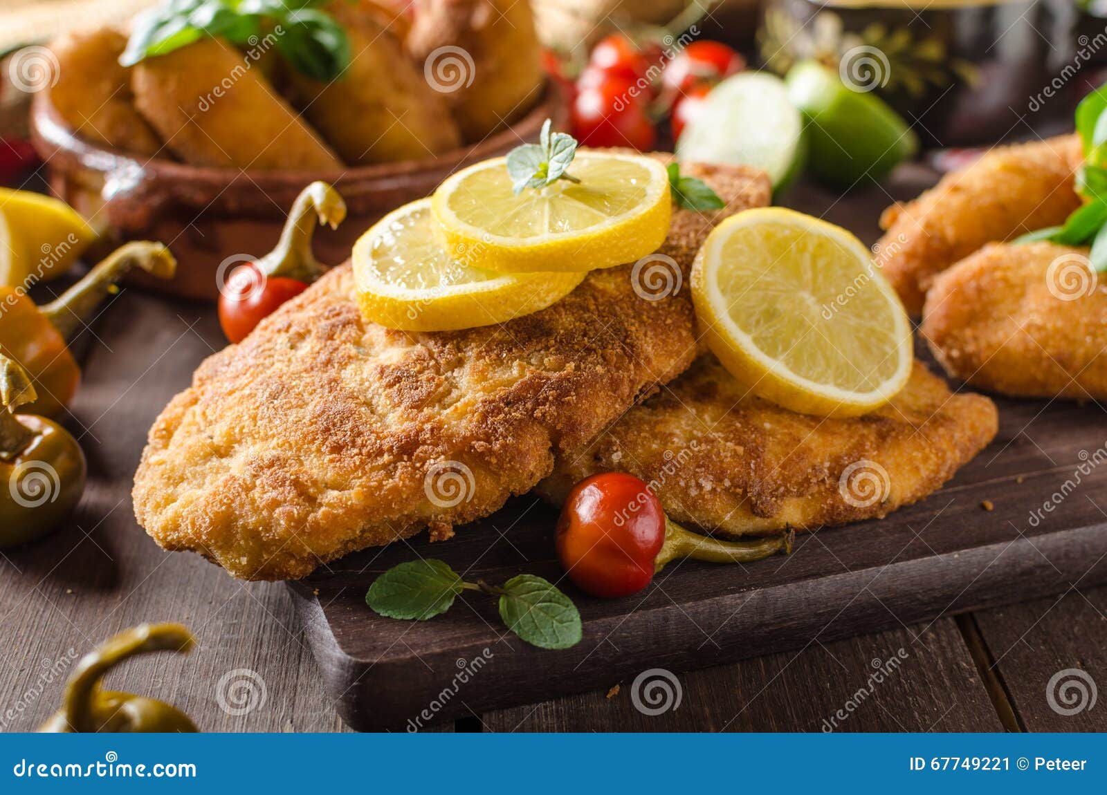 chicken schnitzel with croquettes