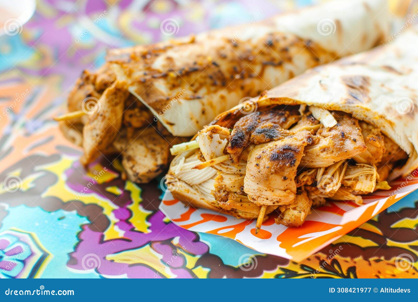 chicken shawarma readytoeat on a colorful paper wrap