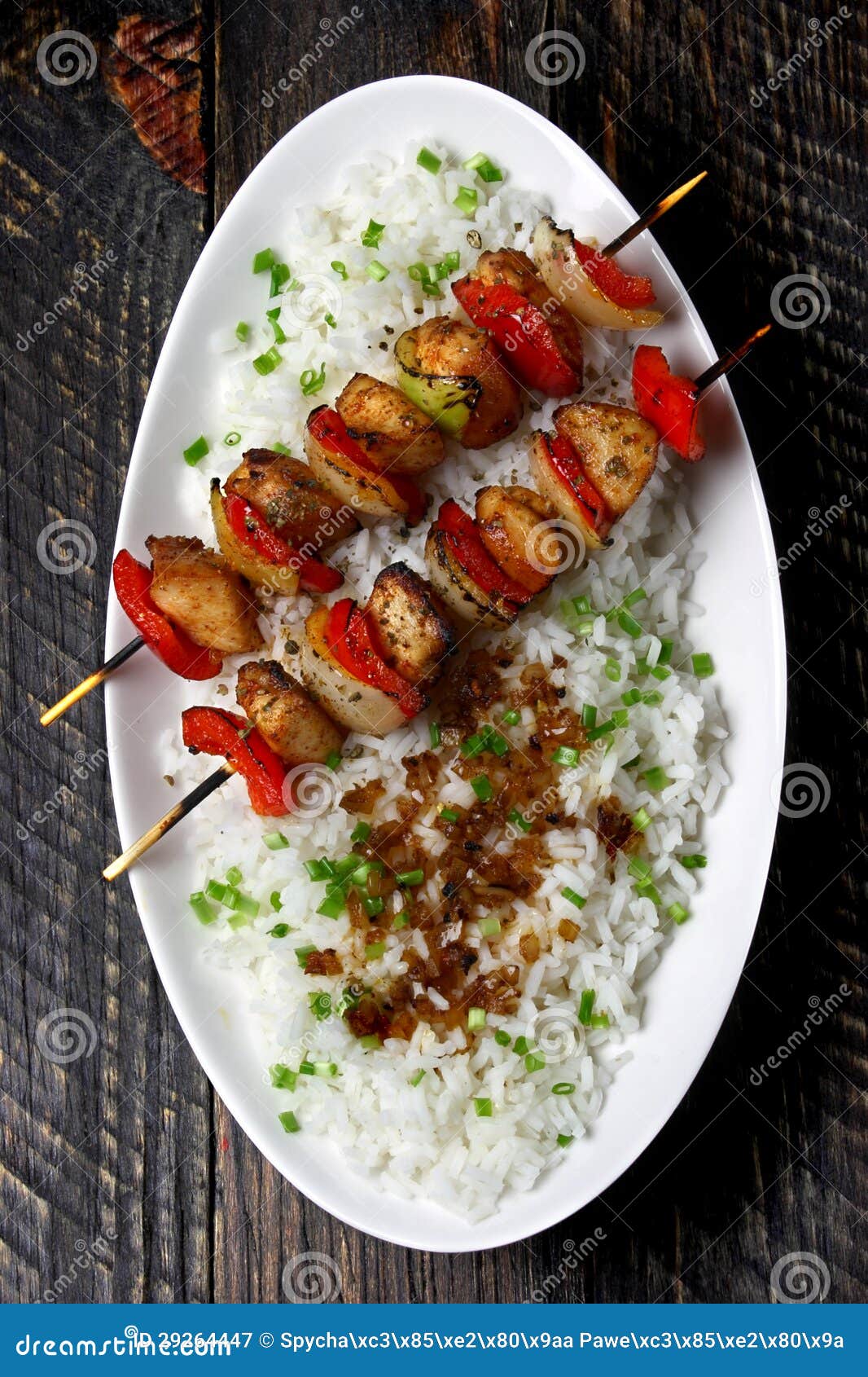 Chicken skewers with rice stock image. Image of grilled 29264447