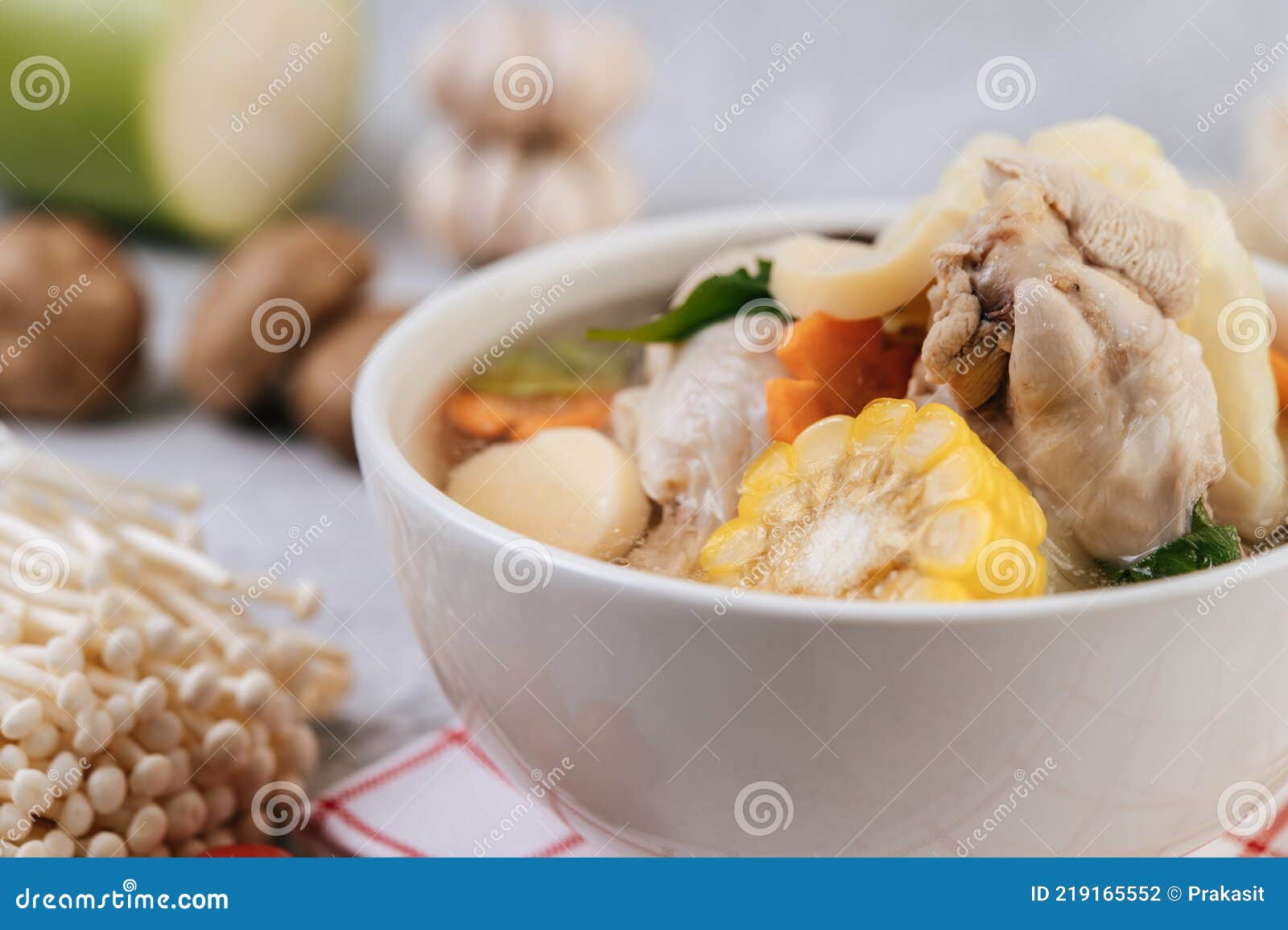 Chicken Soup with Corn, Shiitake Mushroom, Enoki Mushroom, and Carrot