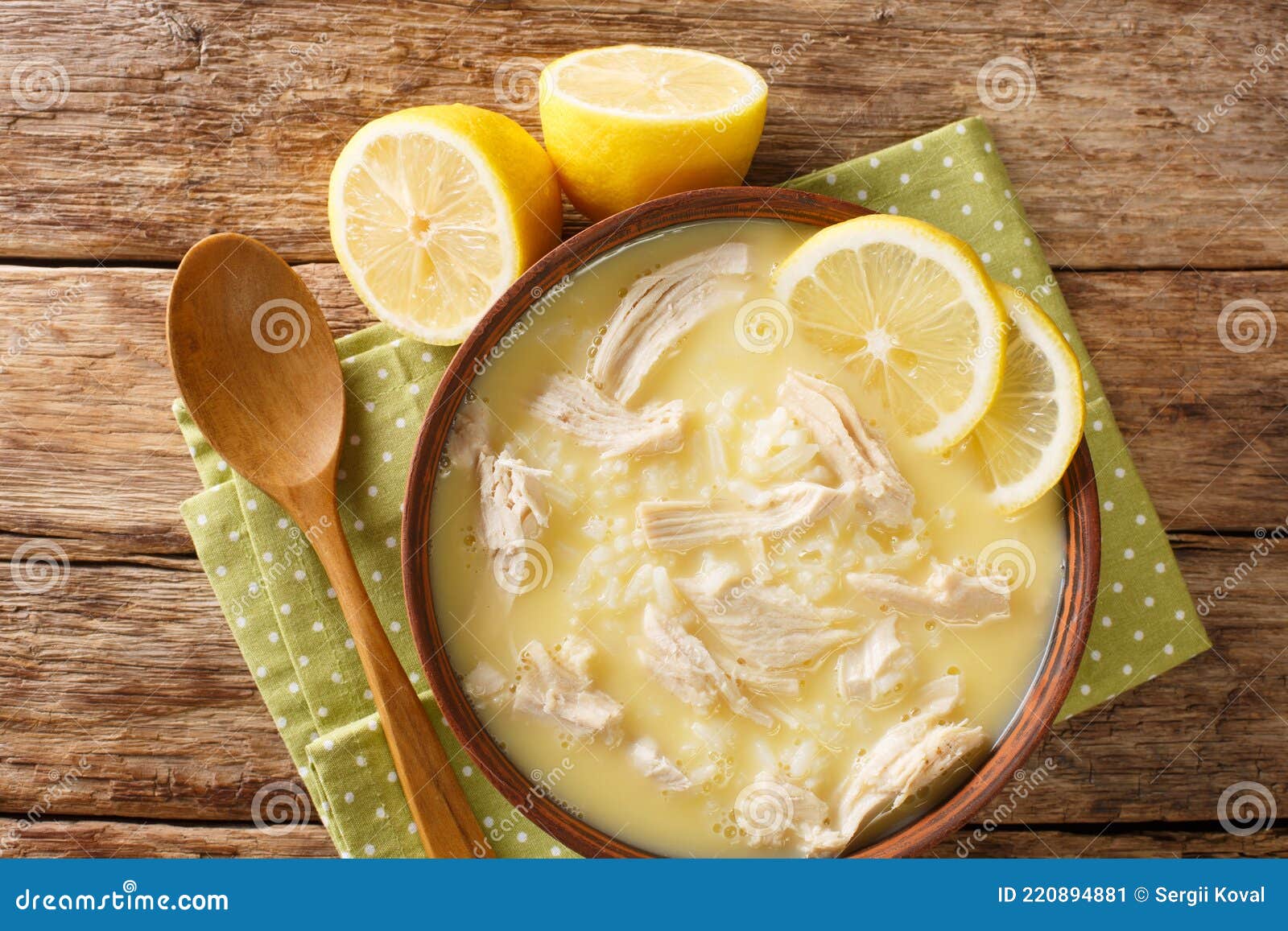 chicken soup with eggs and lemon kotosoupa avgolemono close up in the plate. horizontal top view