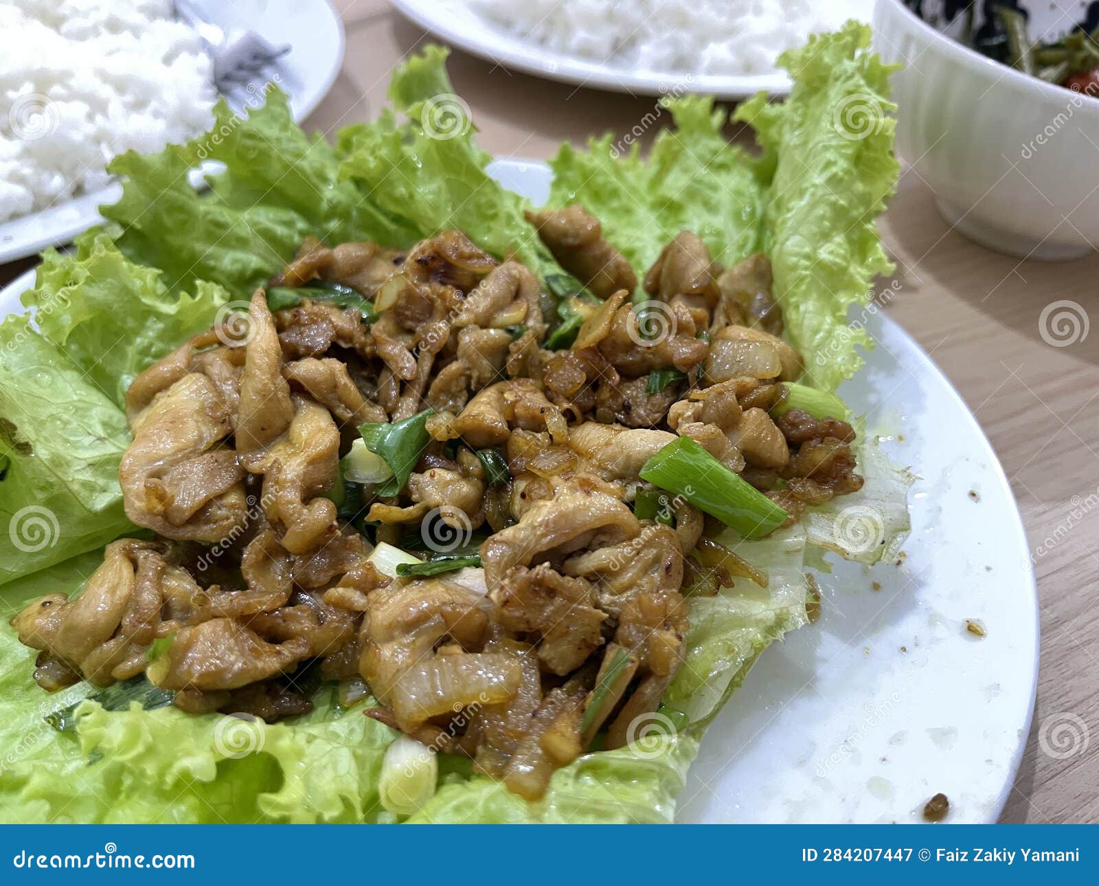 Chicken Stir Fry with Oyster Sauce and Spring Onion Served on a Plate