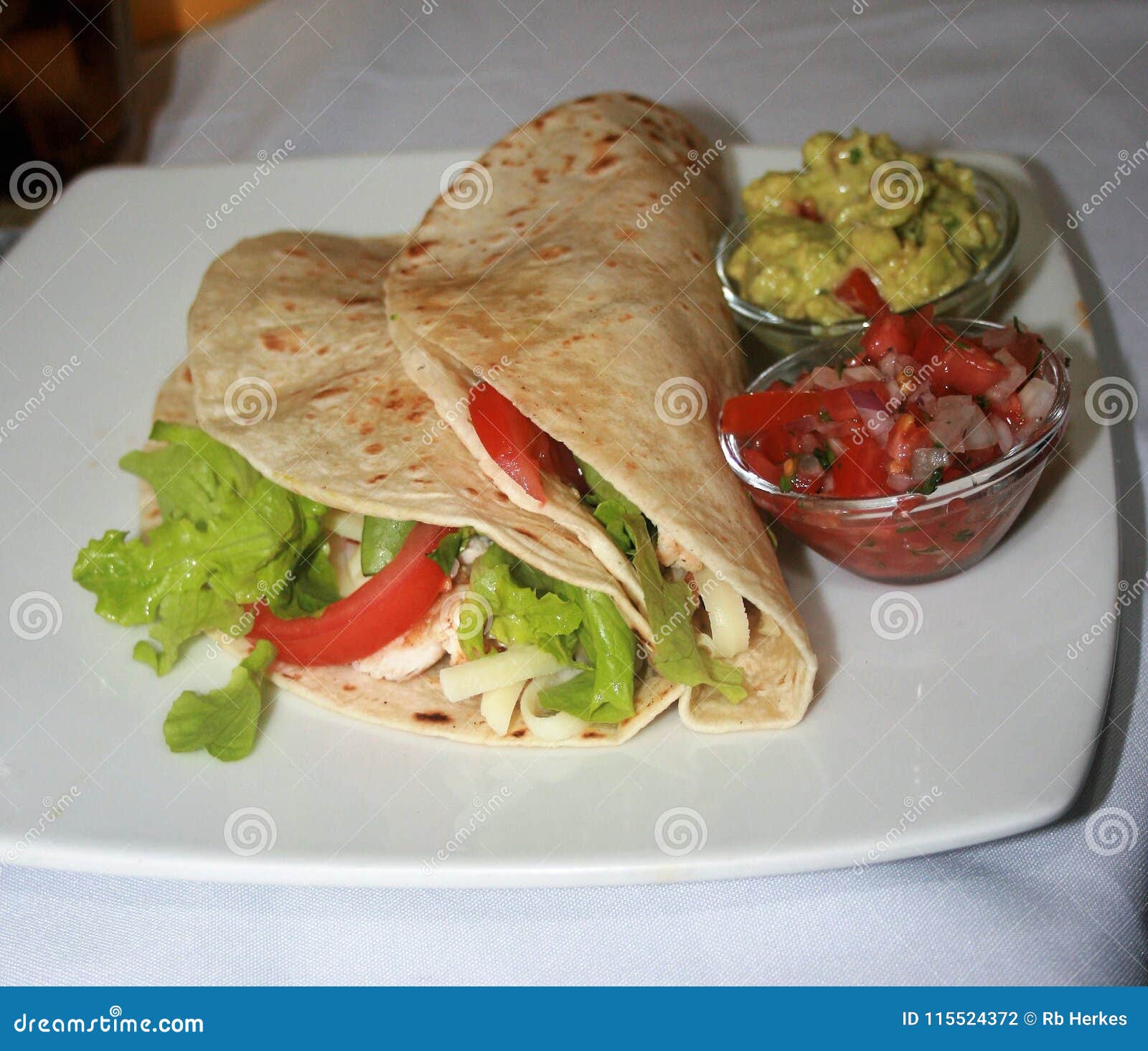 Chicken Tacos with Salsa and Guacamole on the Side Stock Photo Image