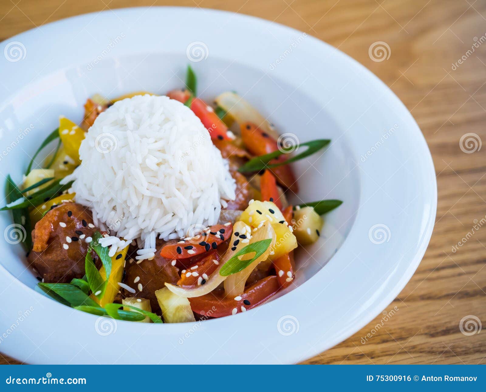 Chicken in Teriyaki Sauce with Rice and Vegetables Stock Photo Image