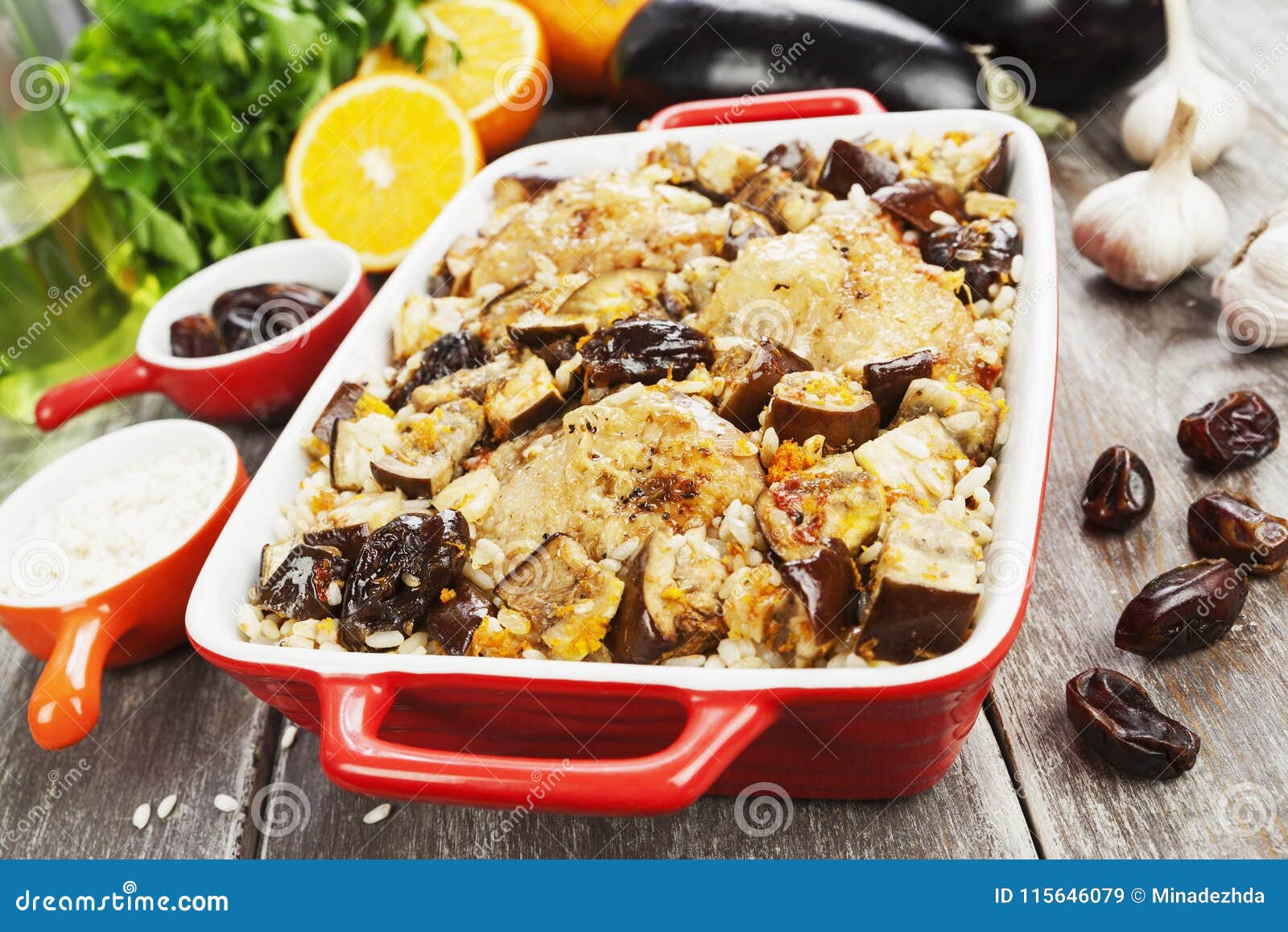 Chicken Thigh Baked with Rice, Eggplant and Figs Stock Image Image of